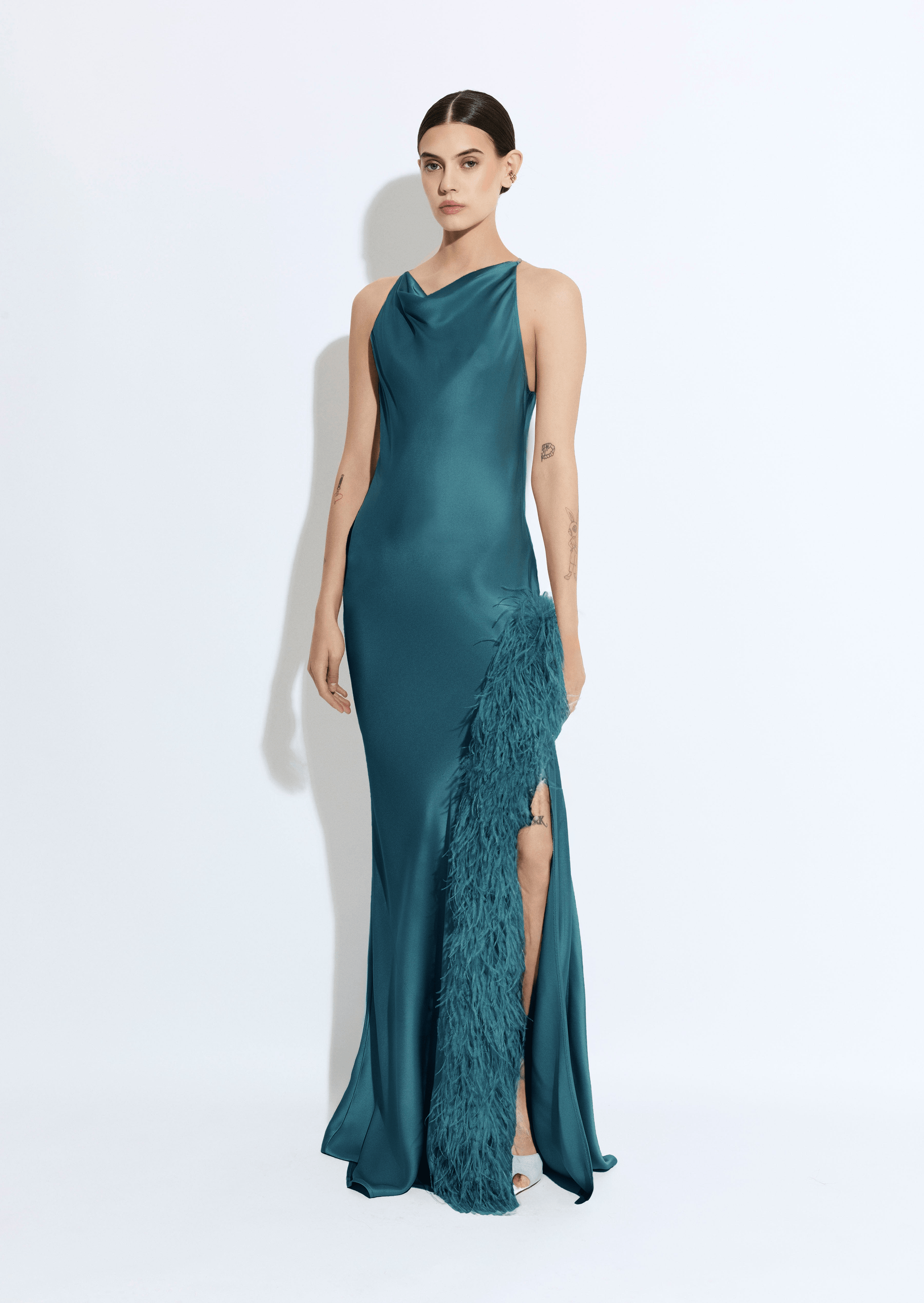 Satin Halter Gown With Feathers - LAPOINTE