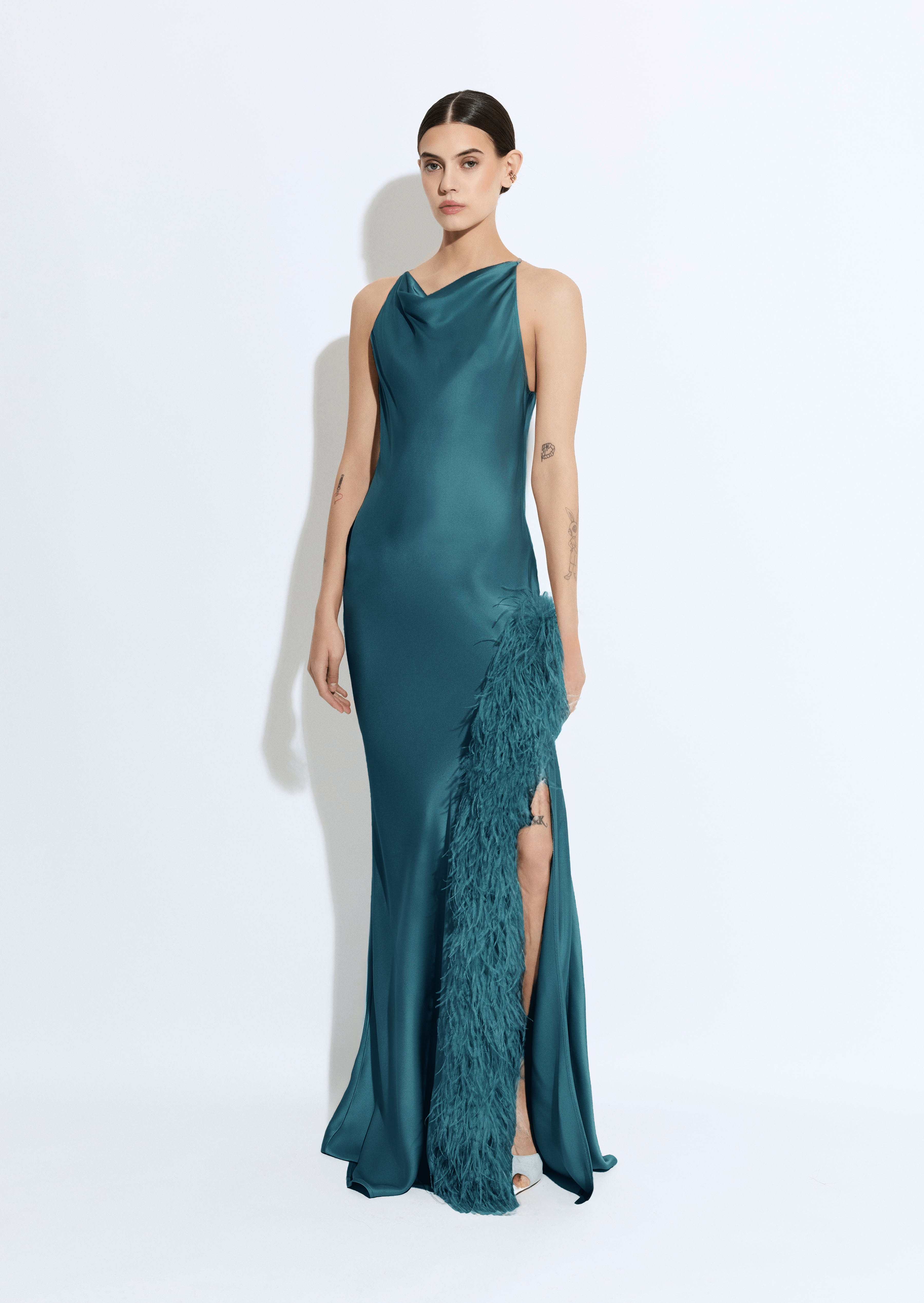 Satin Halter Gown With Feathers - LAPOINTE