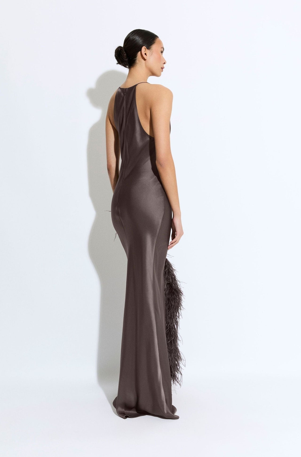 Satin Halter Gown With Feathers - LAPOINTE