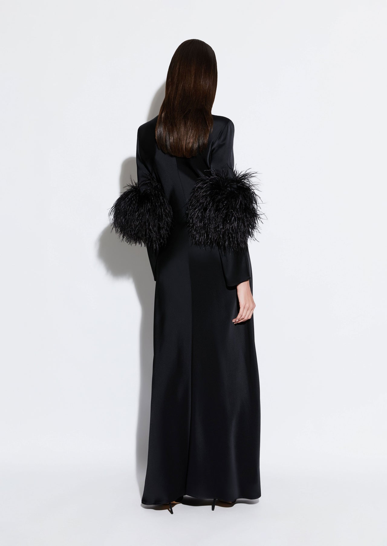 Satin Tab Gown With Feathers