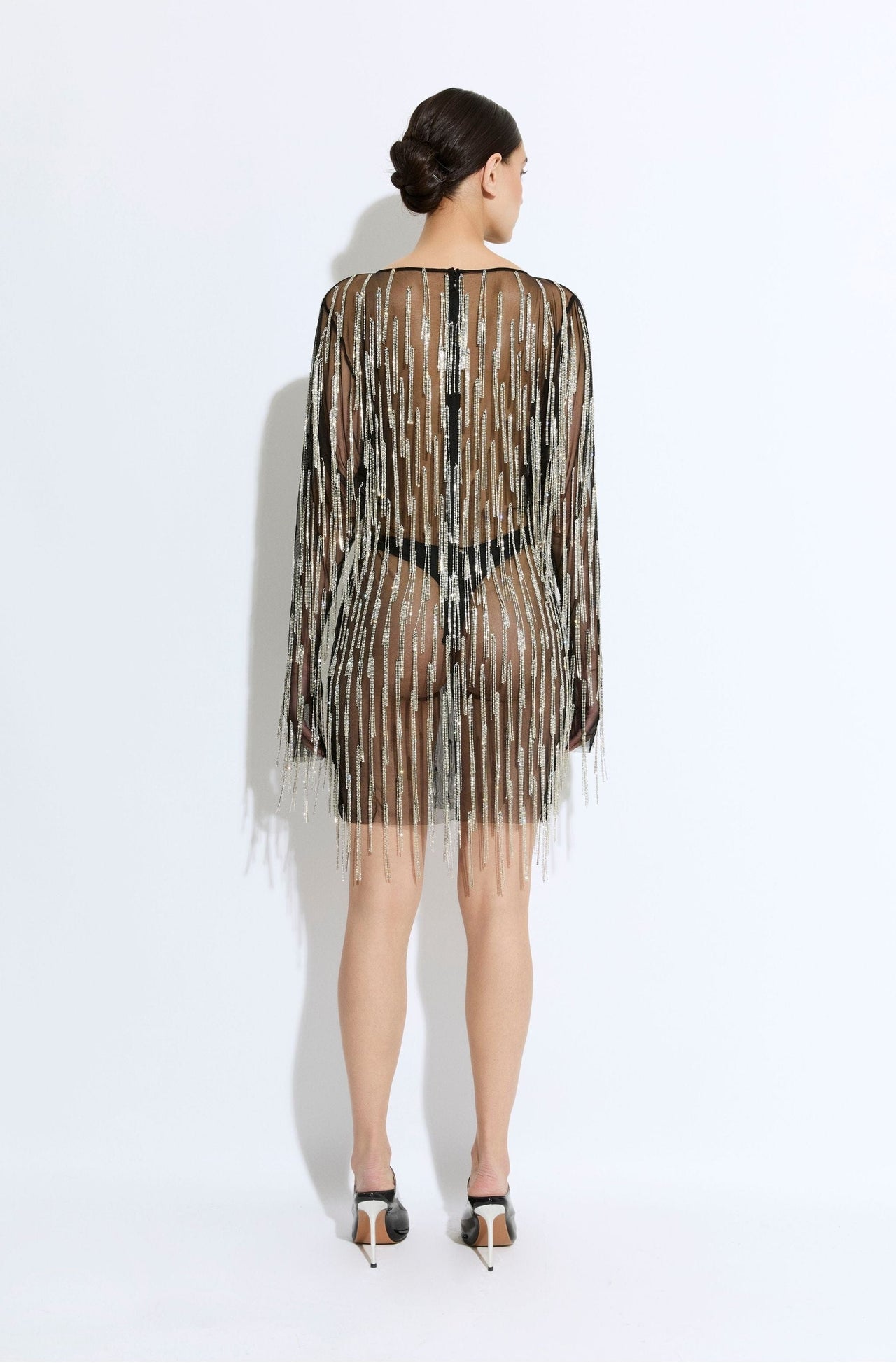 Rhinestone Fringe Boatneck Mini Dress - LAPOINTE