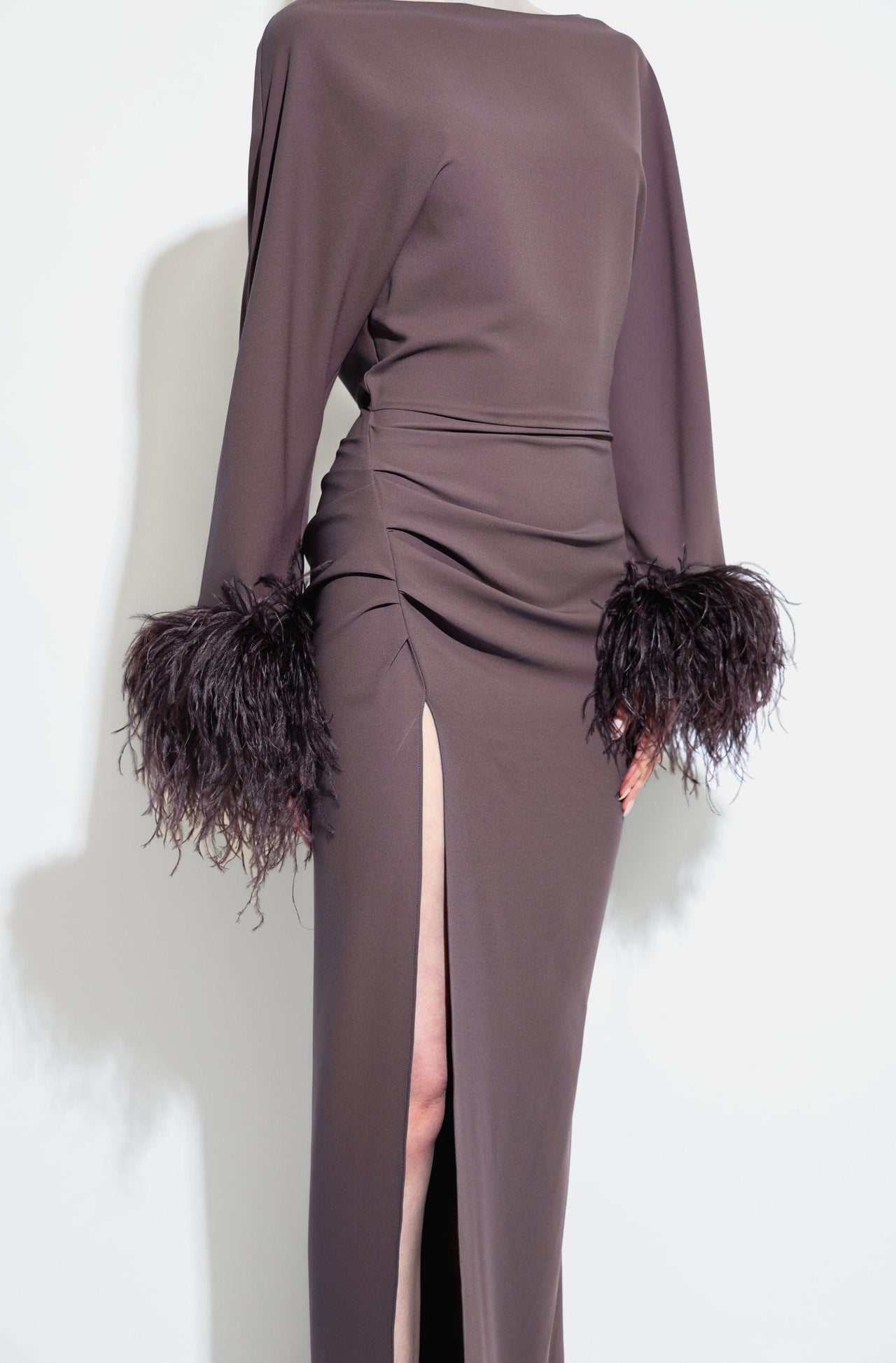Stretch Drape Crepe Off The Shoulder Dress With Feathers - LAPOINTE
