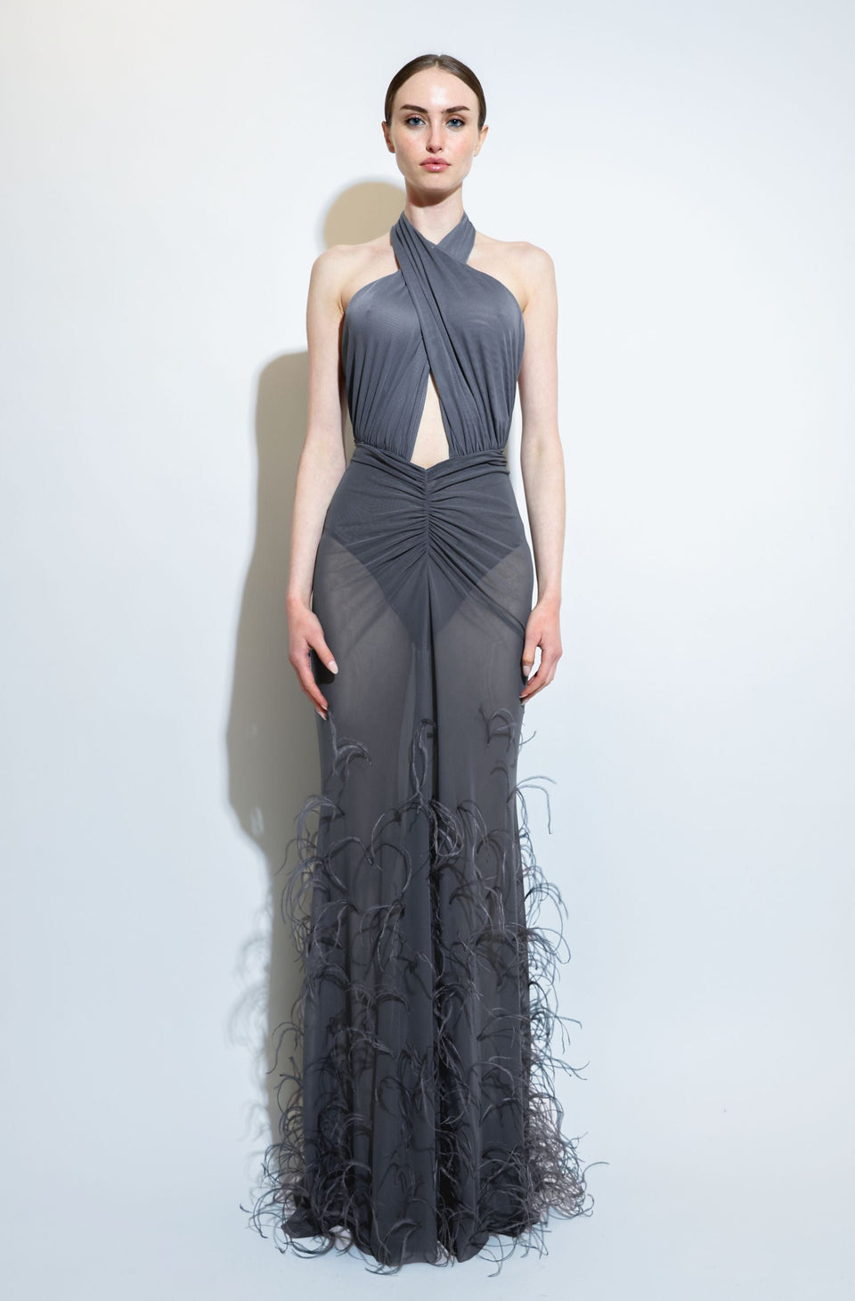 Mesh Ruched Maxi Skirt With Feathers - LAPOINTE