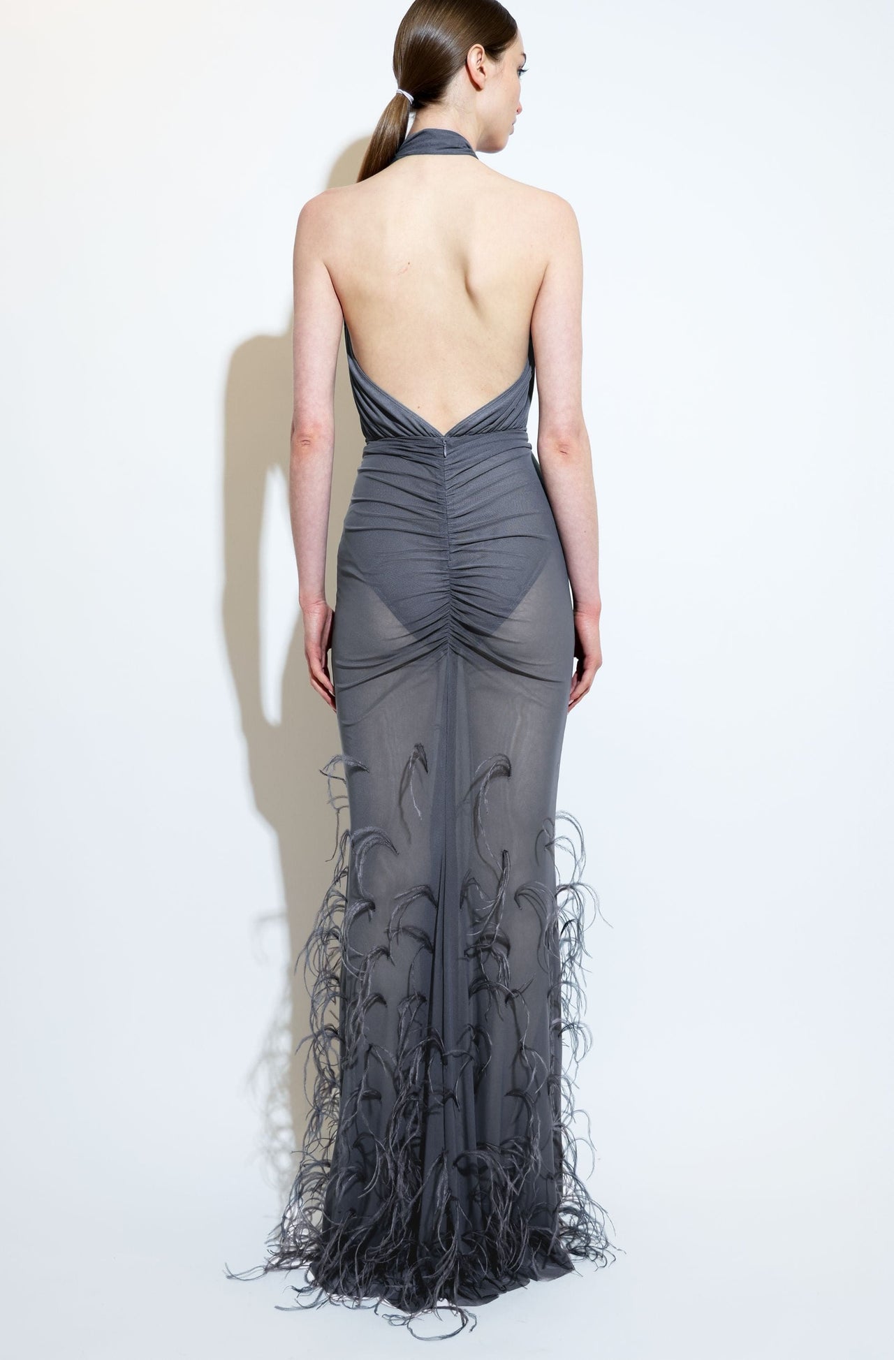 Mesh Ruched Maxi Skirt With Feathers - LAPOINTE