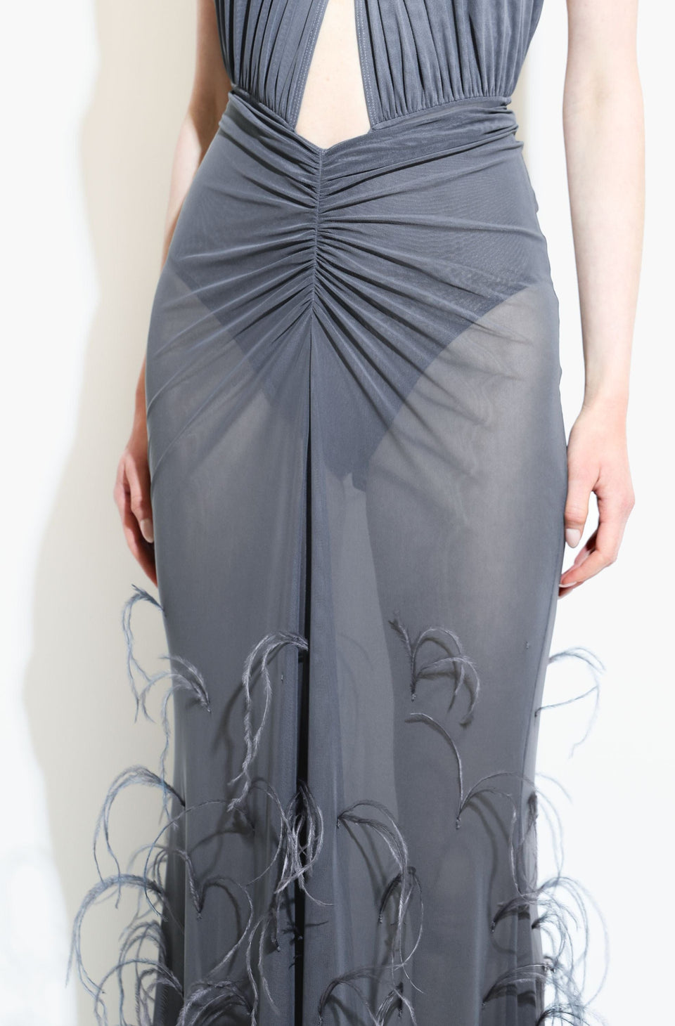 Mesh Ruched Maxi Skirt With Feathers - LAPOINTE