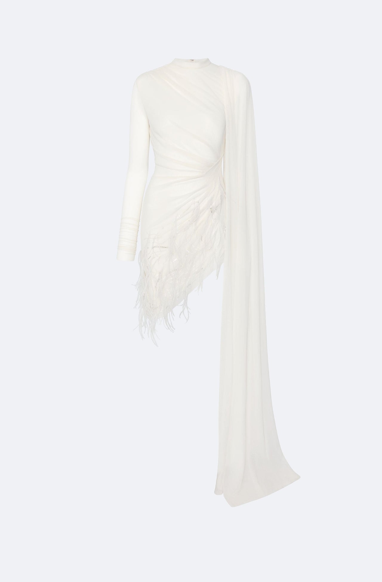 Mesh High Neck Cape Dress With Feathers - LAPOINTE