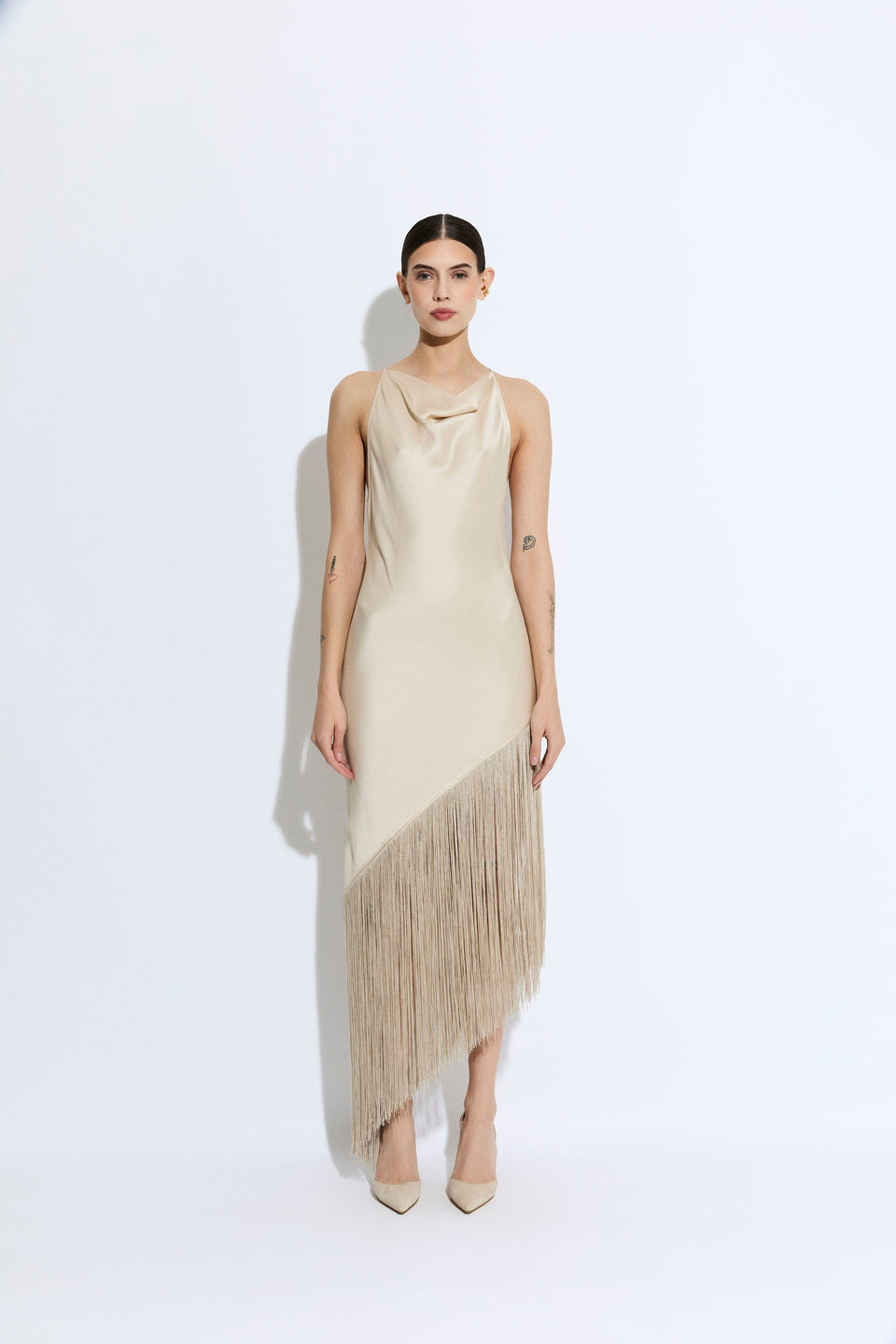Satin Cowl Neck Fringe Dress - LAPOINTE