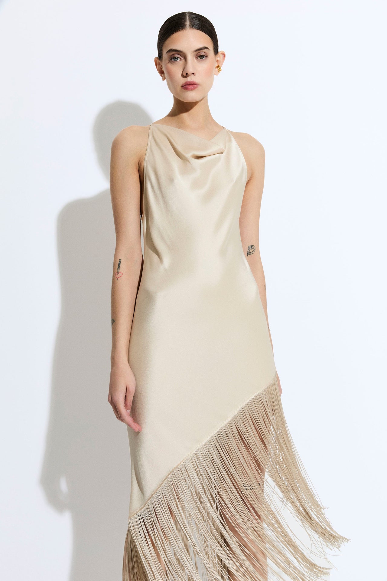 Satin Cowl Neck Fringe Dress - LAPOINTE