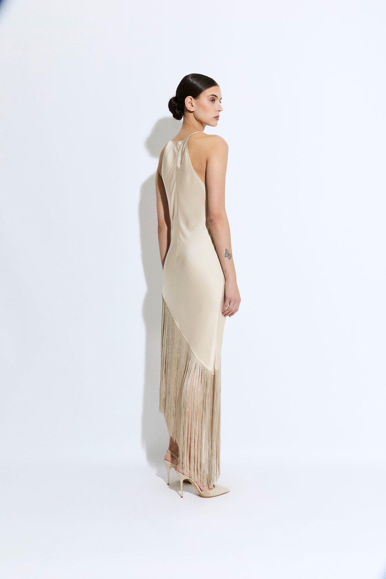 Satin Cowl Neck Fringe Dress - LAPOINTE