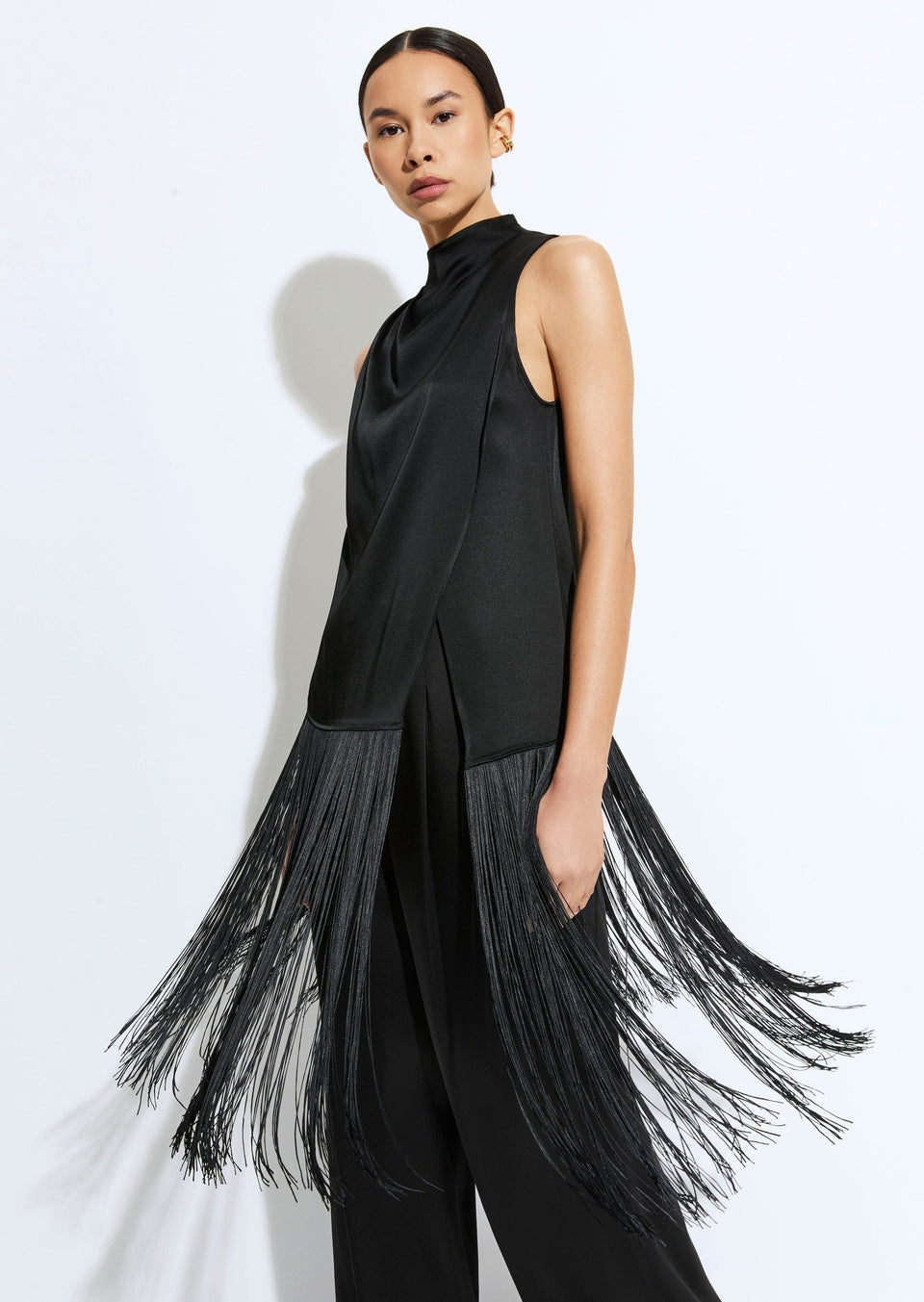 Satin Cowl Neck Fringe Top - LAPOINTE