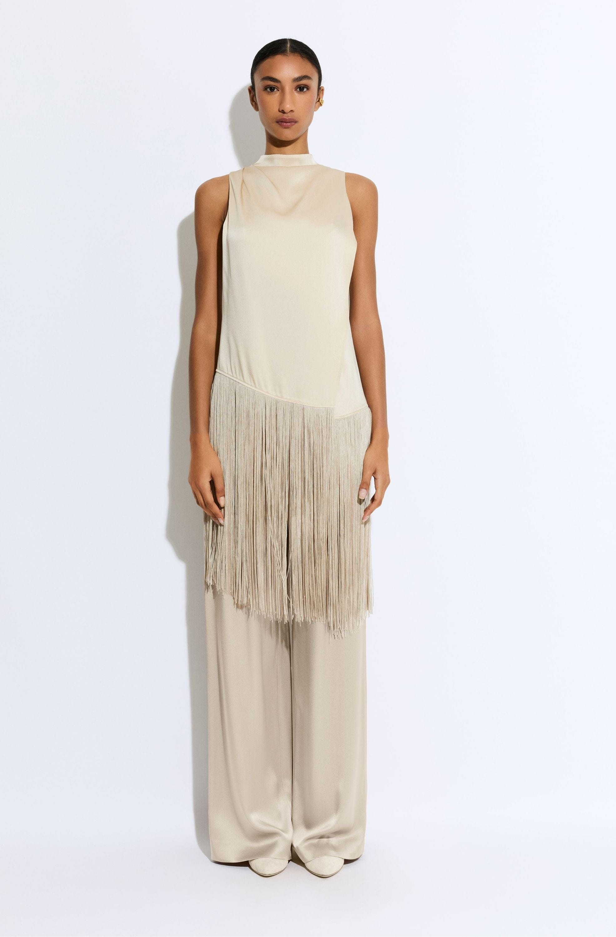 Satin Cowl Neck Fringe Top - LAPOINTE