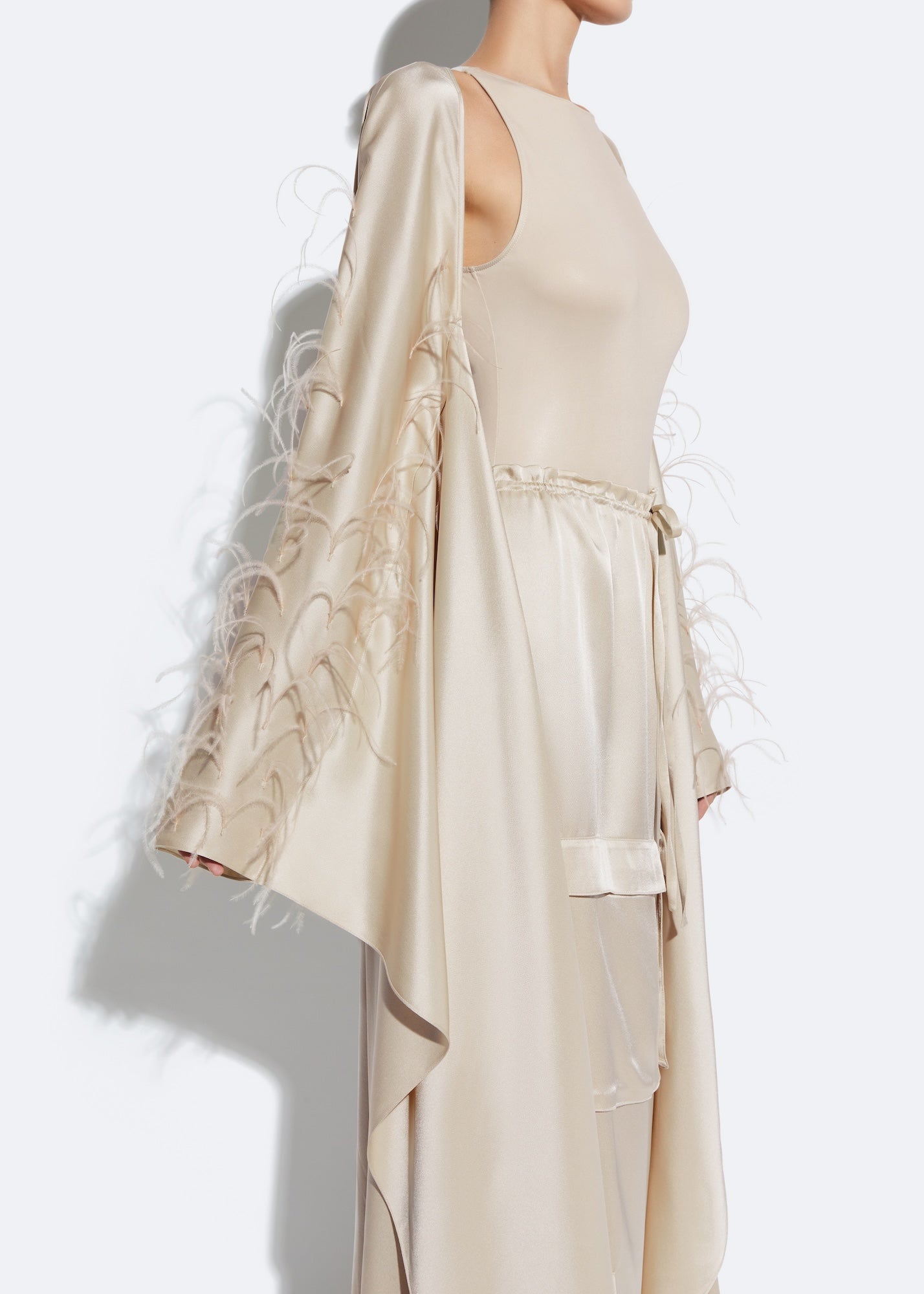 Satin Caftan With Feathers