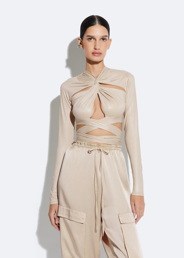 Coated Jersey Draped Wrap Tie Top
