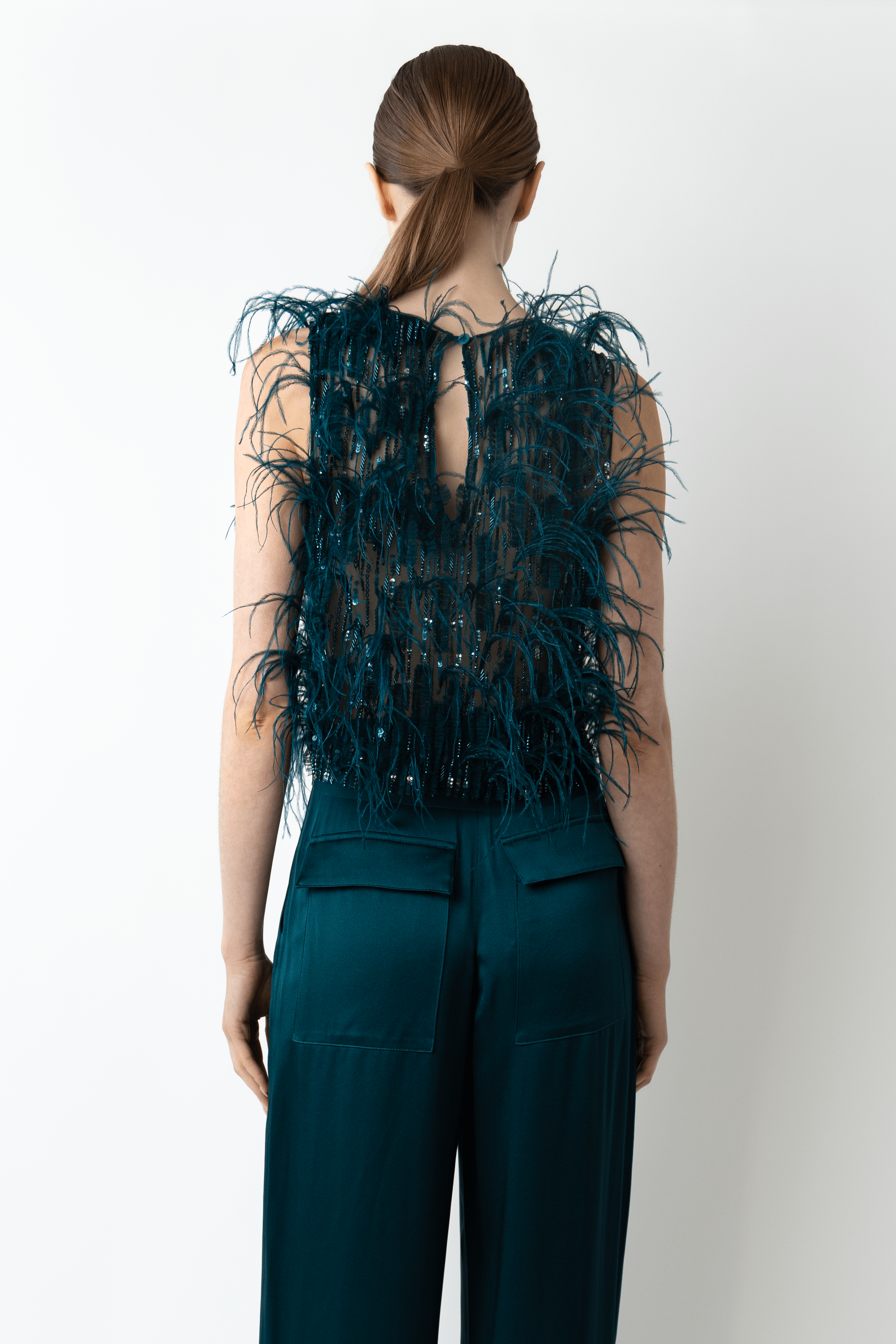 Cascading Feather Embellished Cropped Tank - LAPOINTE