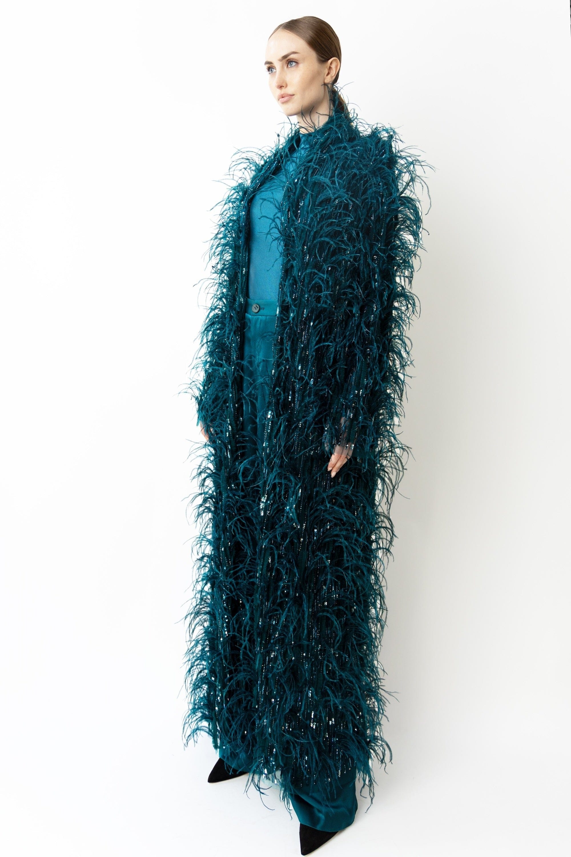 Cascading Feather Embellished Coat - LAPOINTE