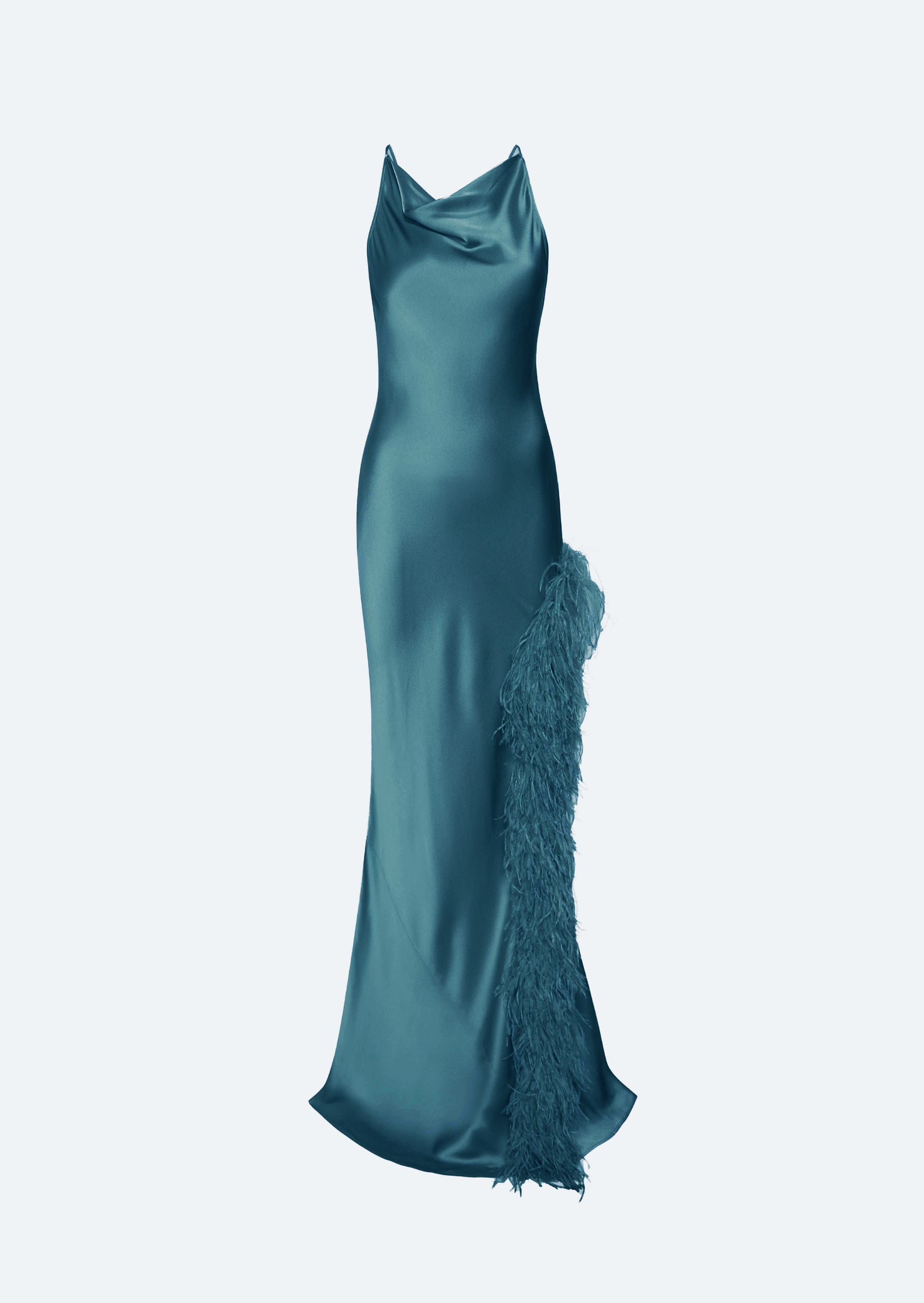 Satin Halter Gown With Feathers - LAPOINTE