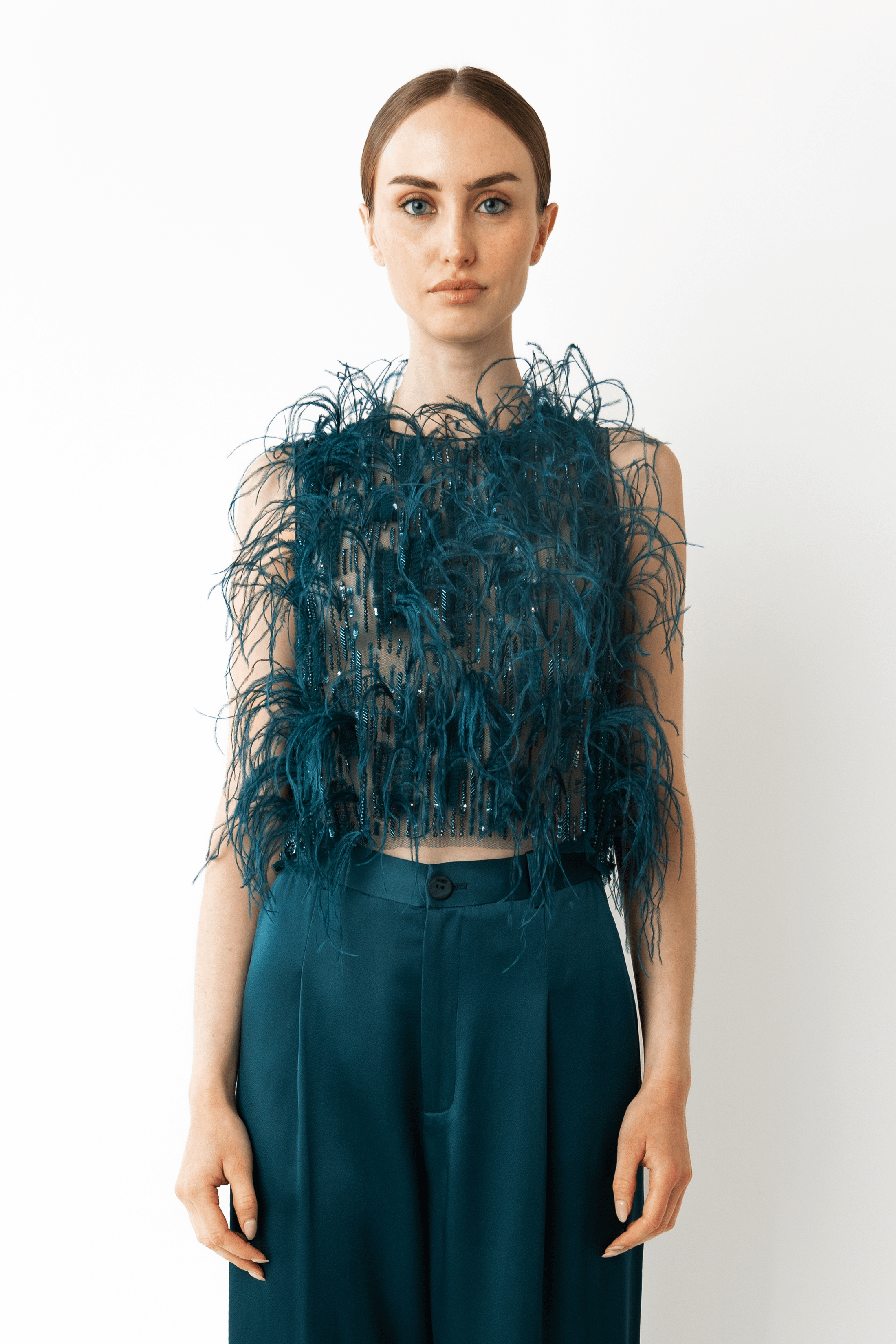 Cascading Feather Embellished Cropped Tank - LAPOINTE