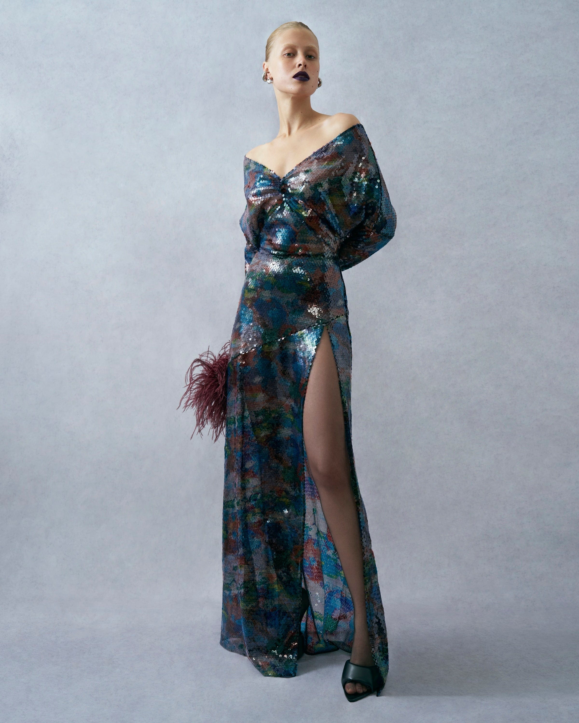 Watercolor Sequin V Neck Gown - LAPOINTE