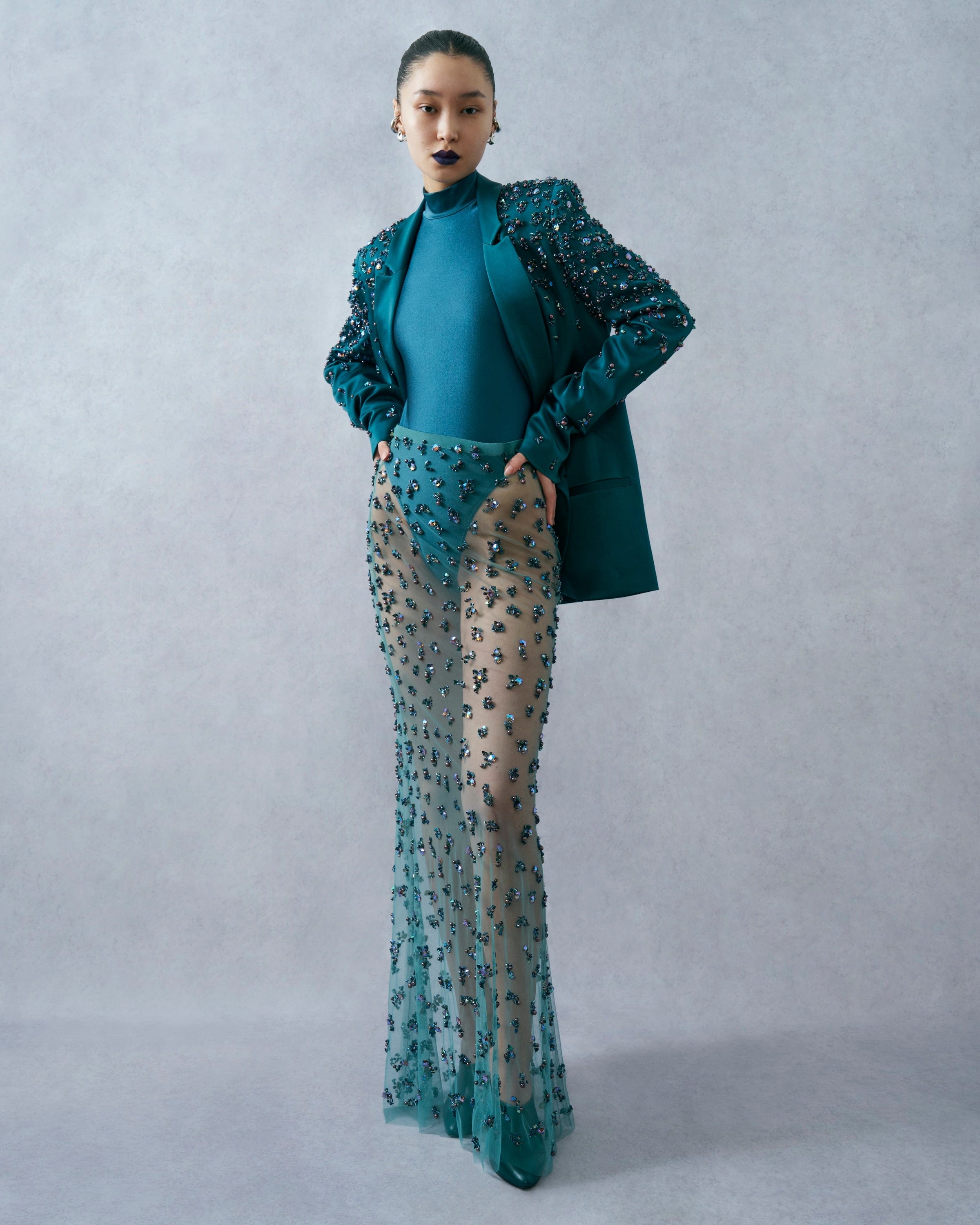 Satin Double Breasted Blazer With Embroidery - LAPOINTE