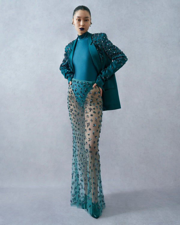 Satin Double Breasted Blazer With Embroidery - LAPOINTE