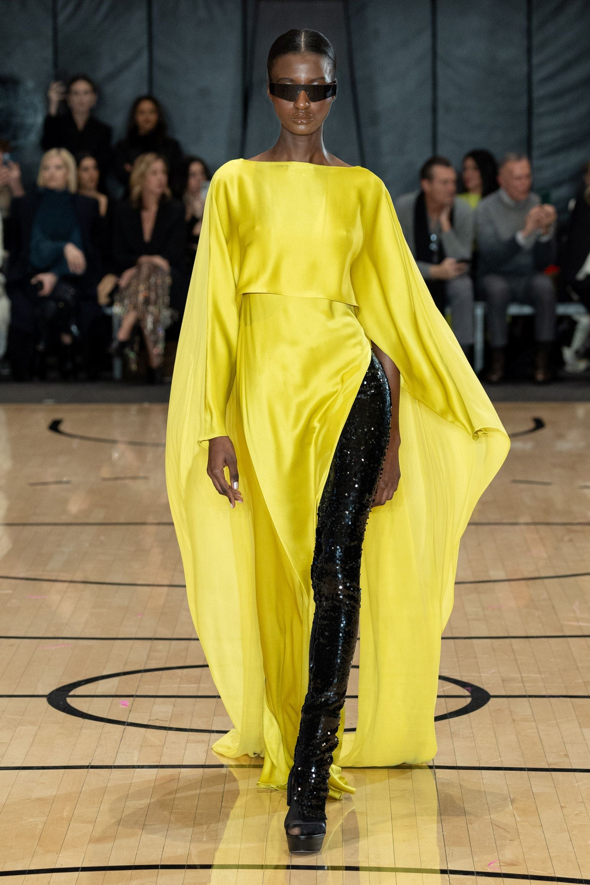 Satin Layered Gown With Georgette Cape - LAPOINTE