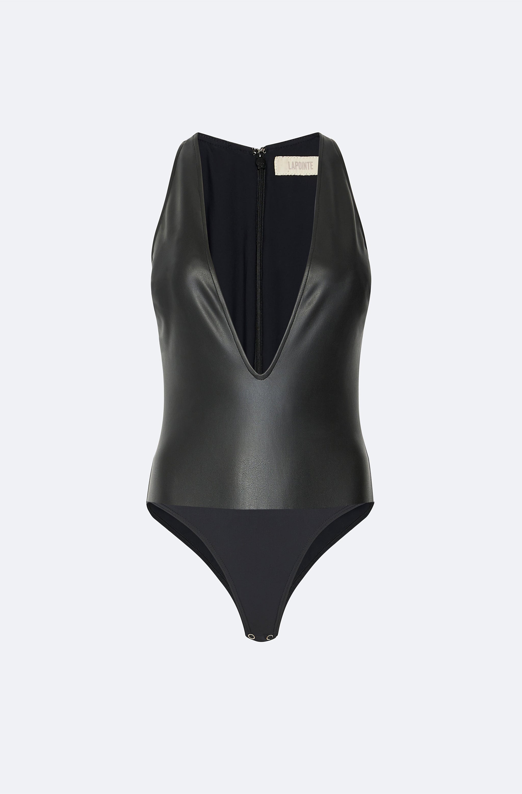 Stretch Faux Leather Plunge Neck Bodysuit