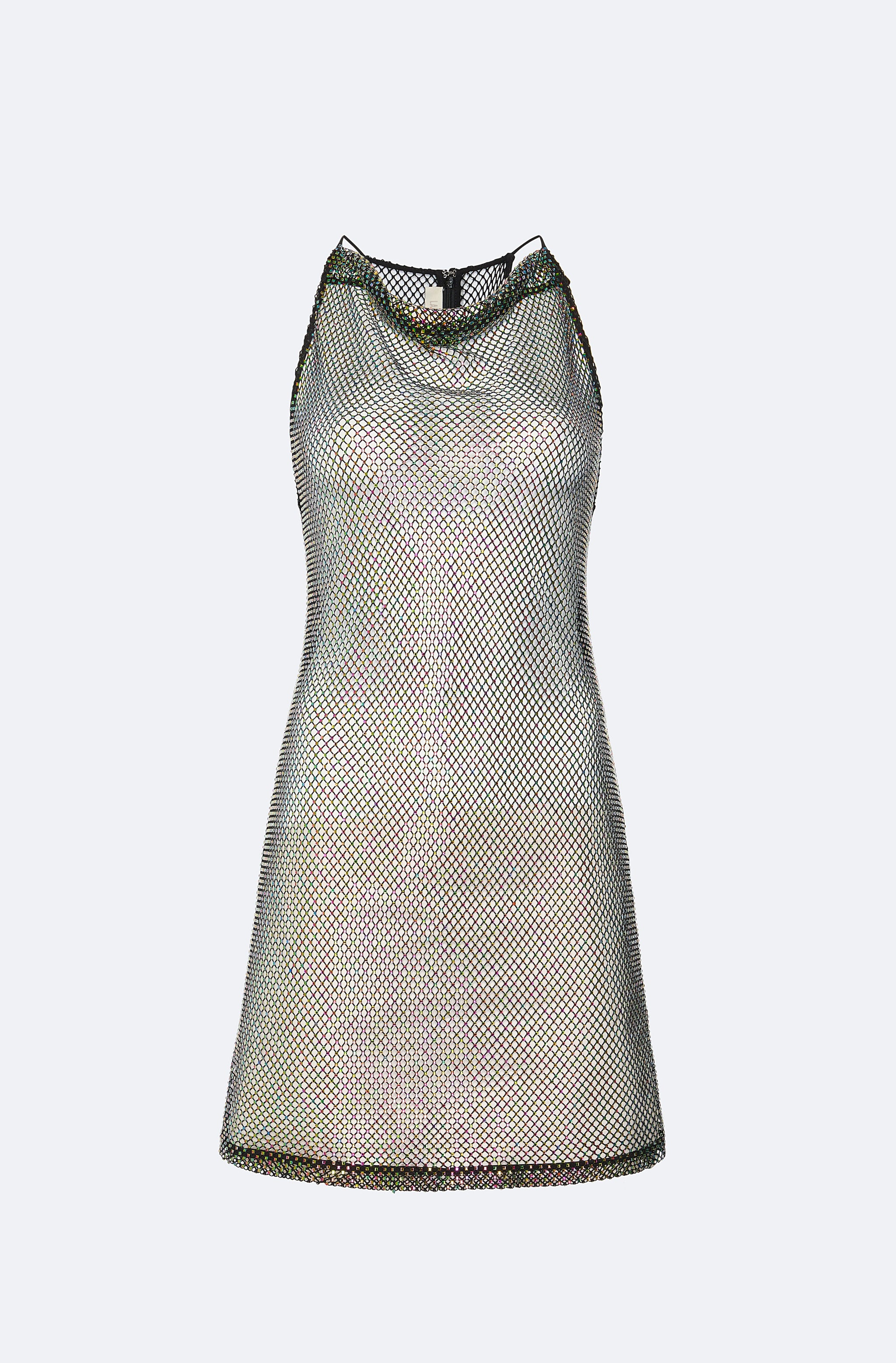 Rhinestone Mesh Cowl Neck Mini Dress - LAPOINTE