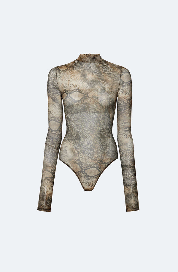 Printed Mesh Mock Neck Bodysuit