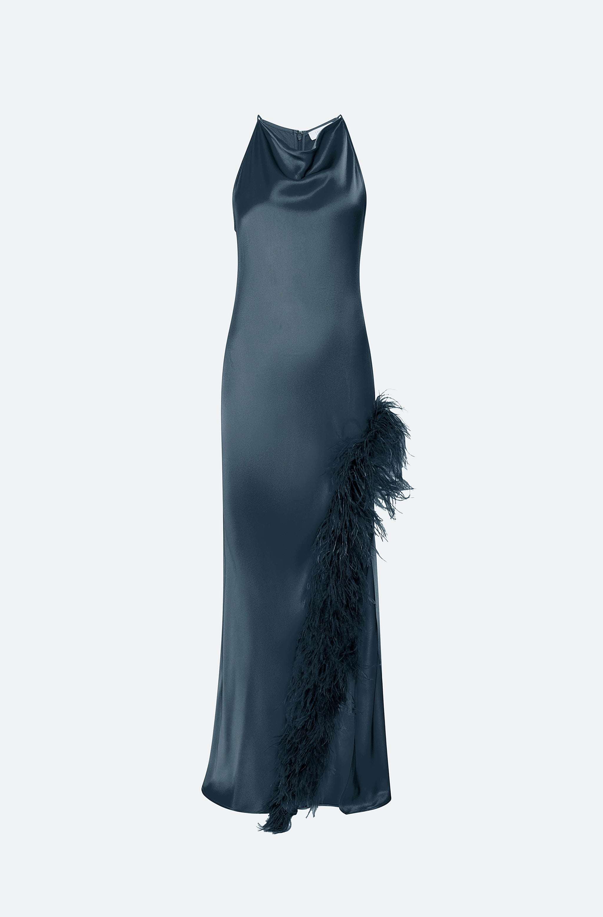 Satin Halter Gown With Feathers