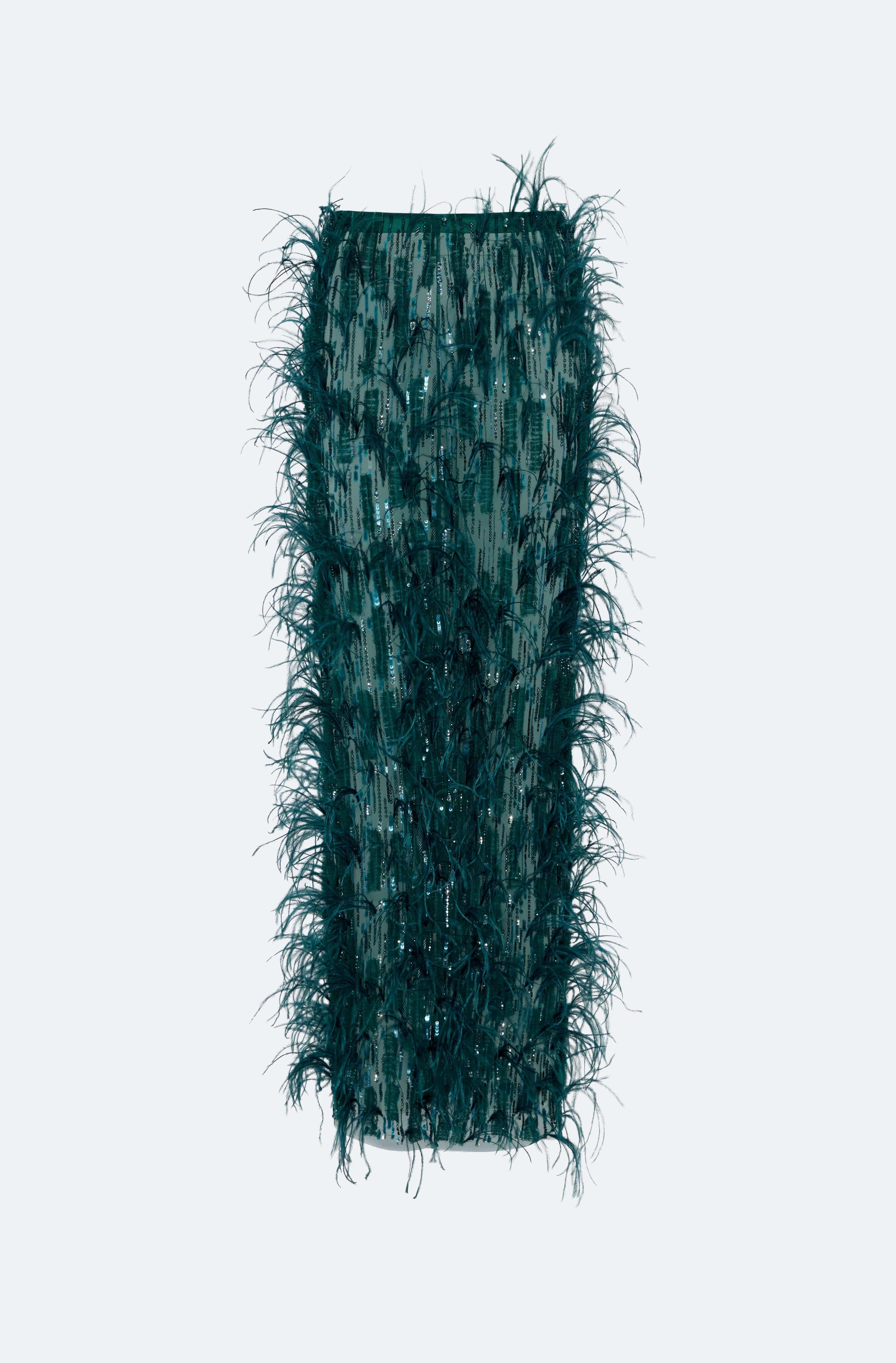 Cascading Feather Embellished Long Pencil Skirt - LAPOINTE