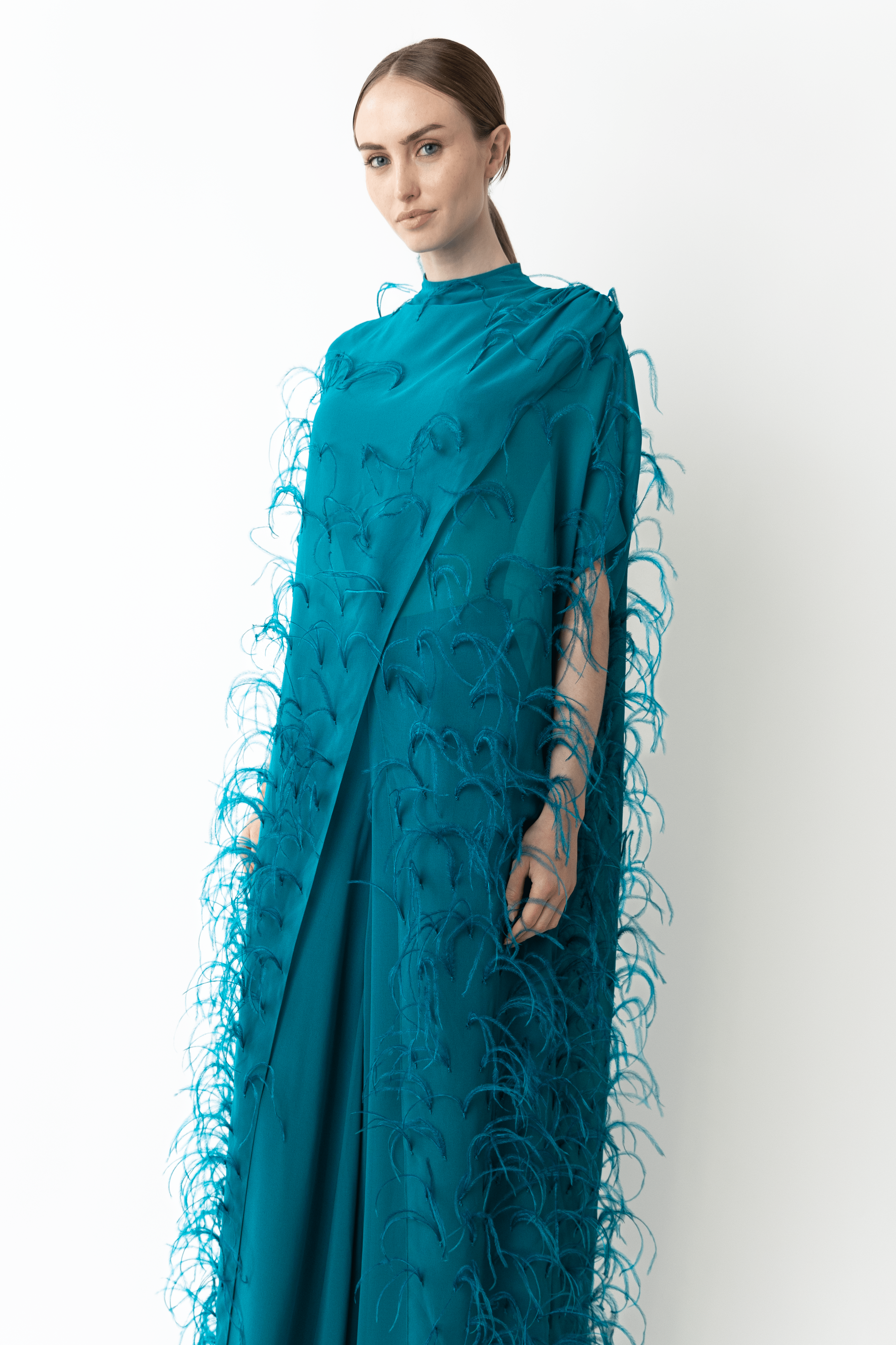 Lightweight Georgette Mock Neck Maxi Top With Feathers - LAPOINTE