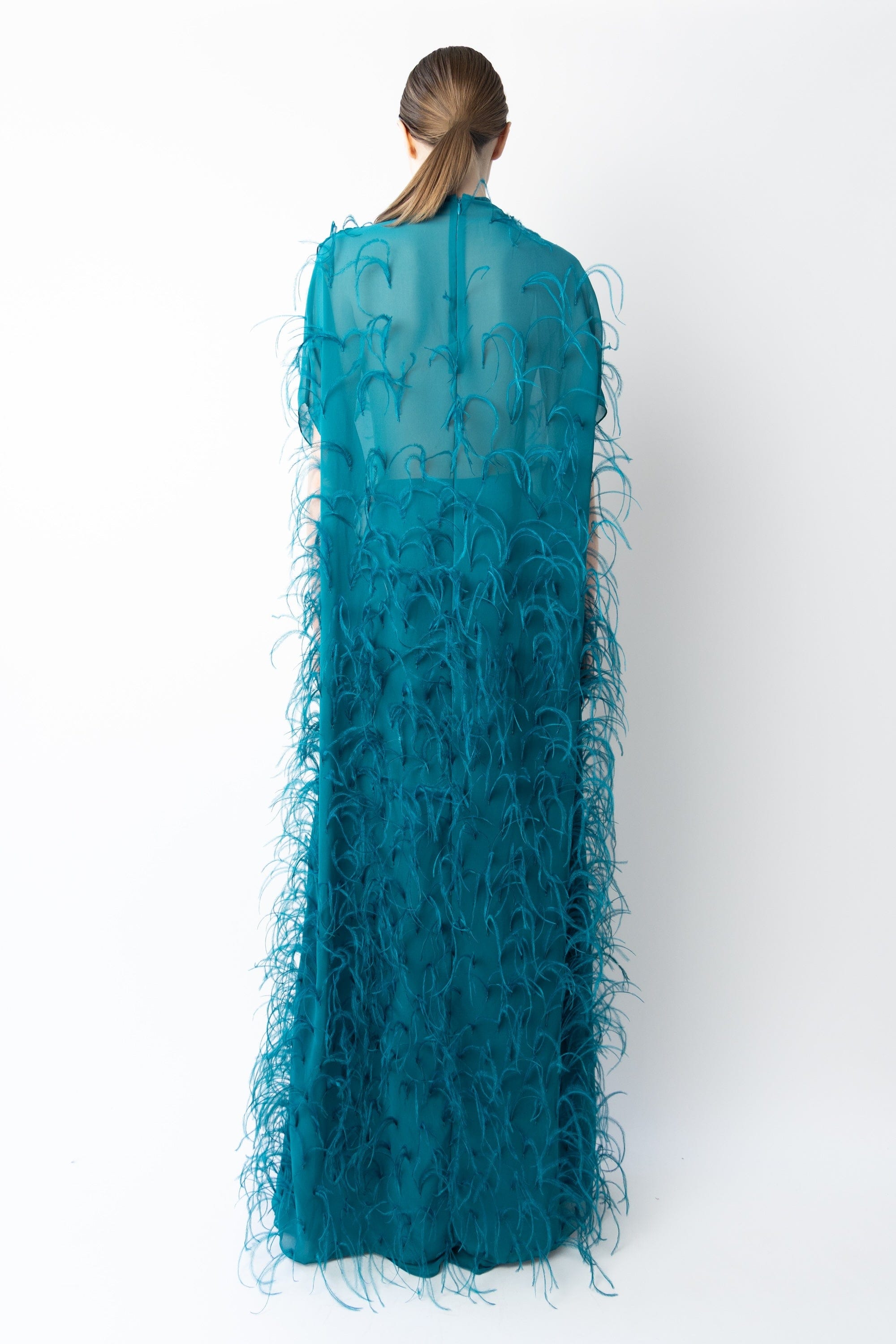 Lightweight Georgette Mock Neck Maxi Top With Feathers - LAPOINTE