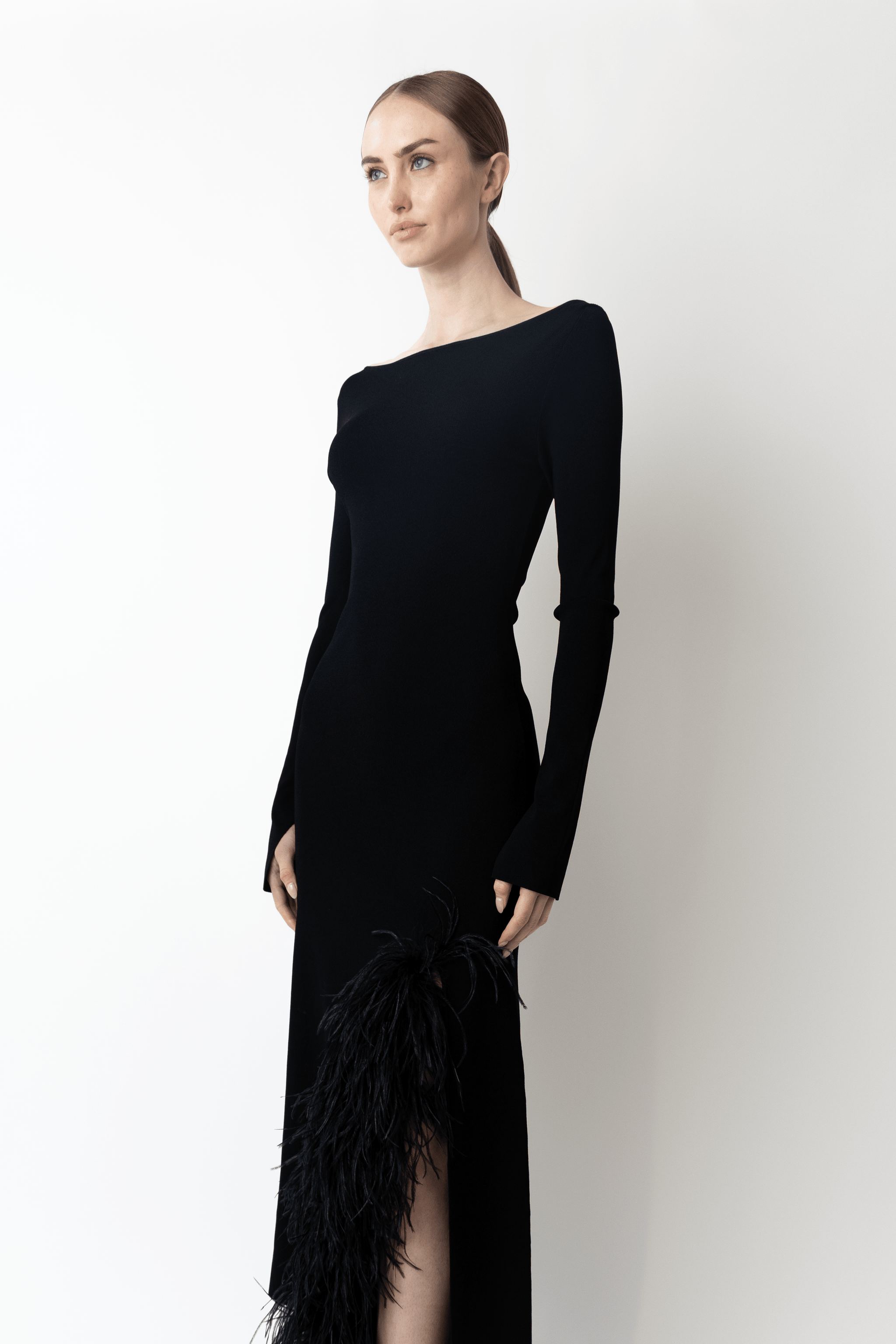 Matte Viscose Boatneck Dress With Feathers - LAPOINTE