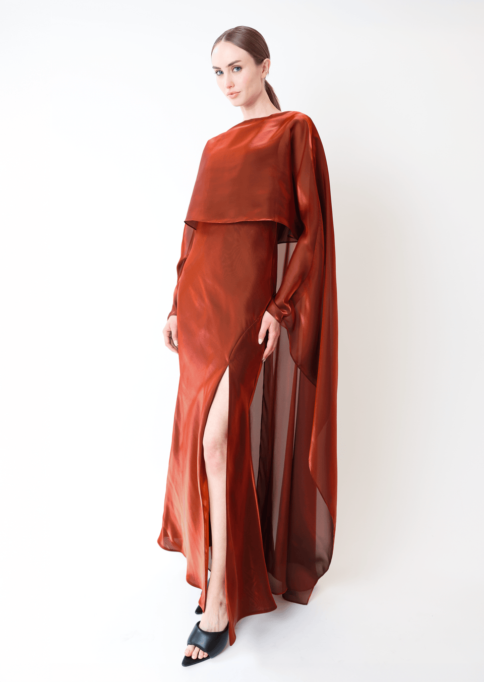 Metallic Organza Layered Gown With Cape - LAPOINTE