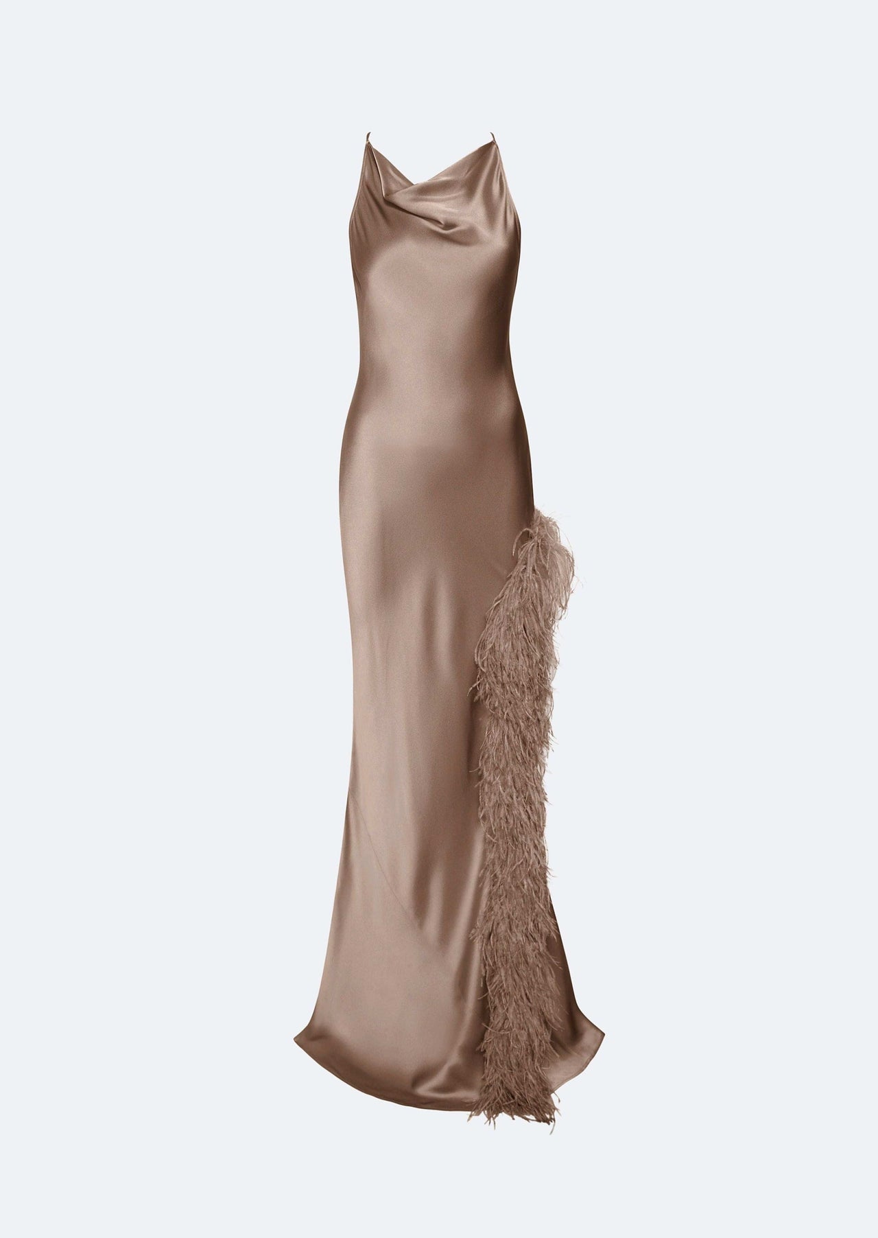 Satin Halter Gown With Feathers - LAPOINTE