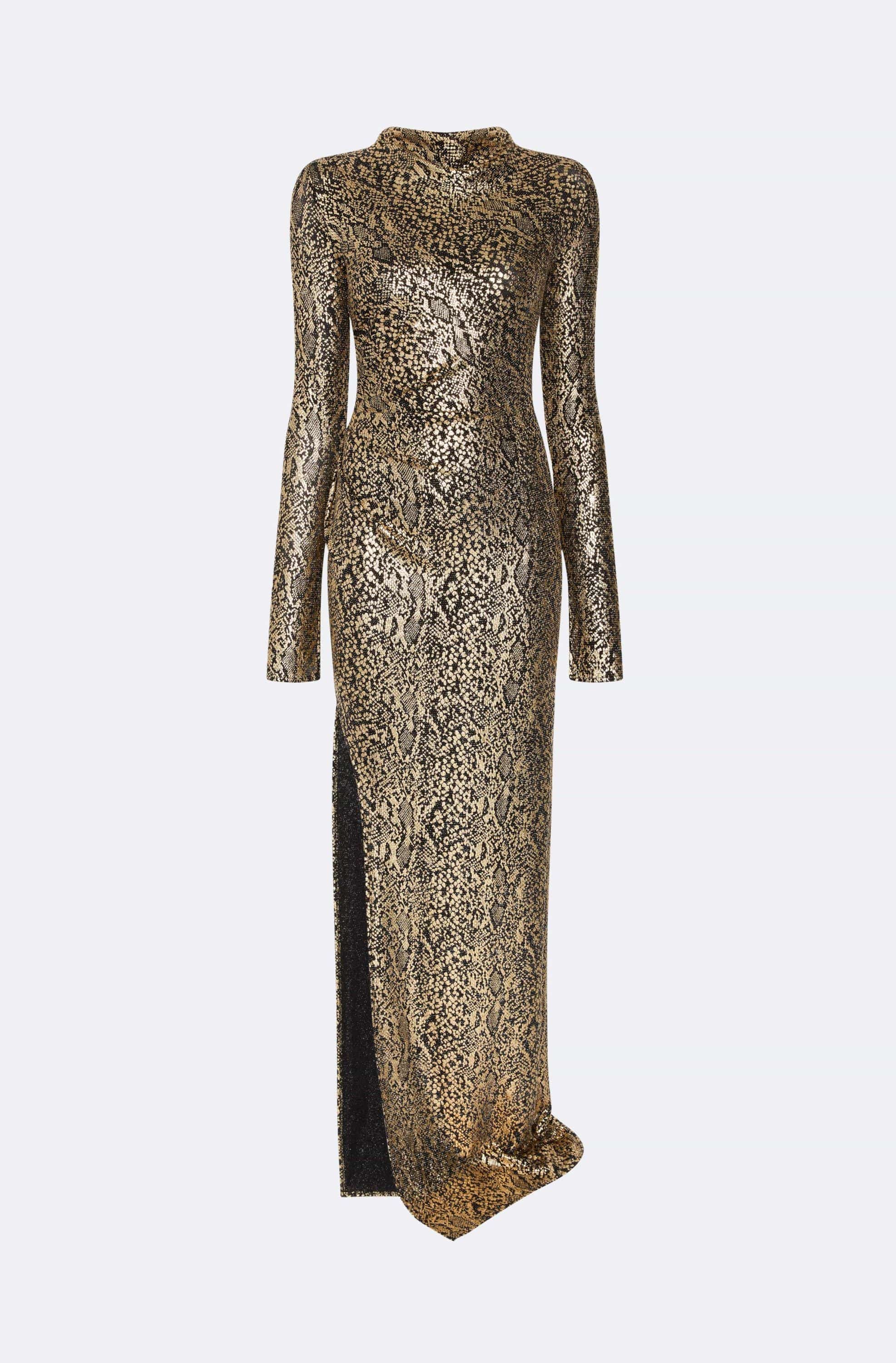 Metallic Snake Jersey Long Sleeve Ruched Gown - LAPOINTE