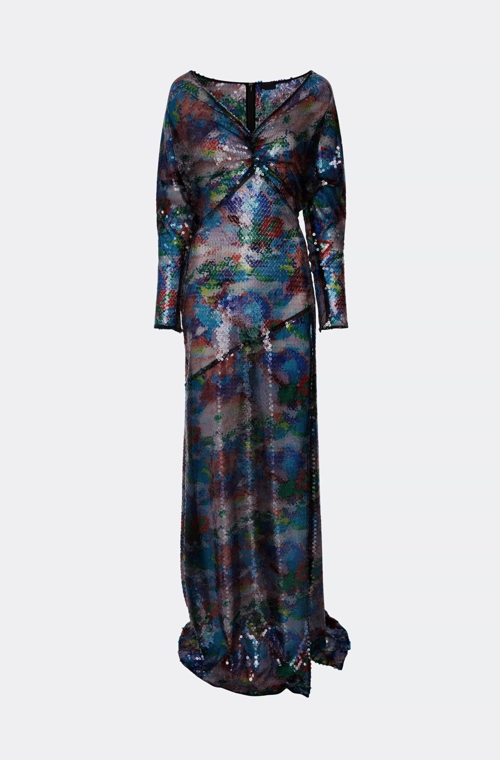 Watercolor Sequin V Neck Gown - LAPOINTE