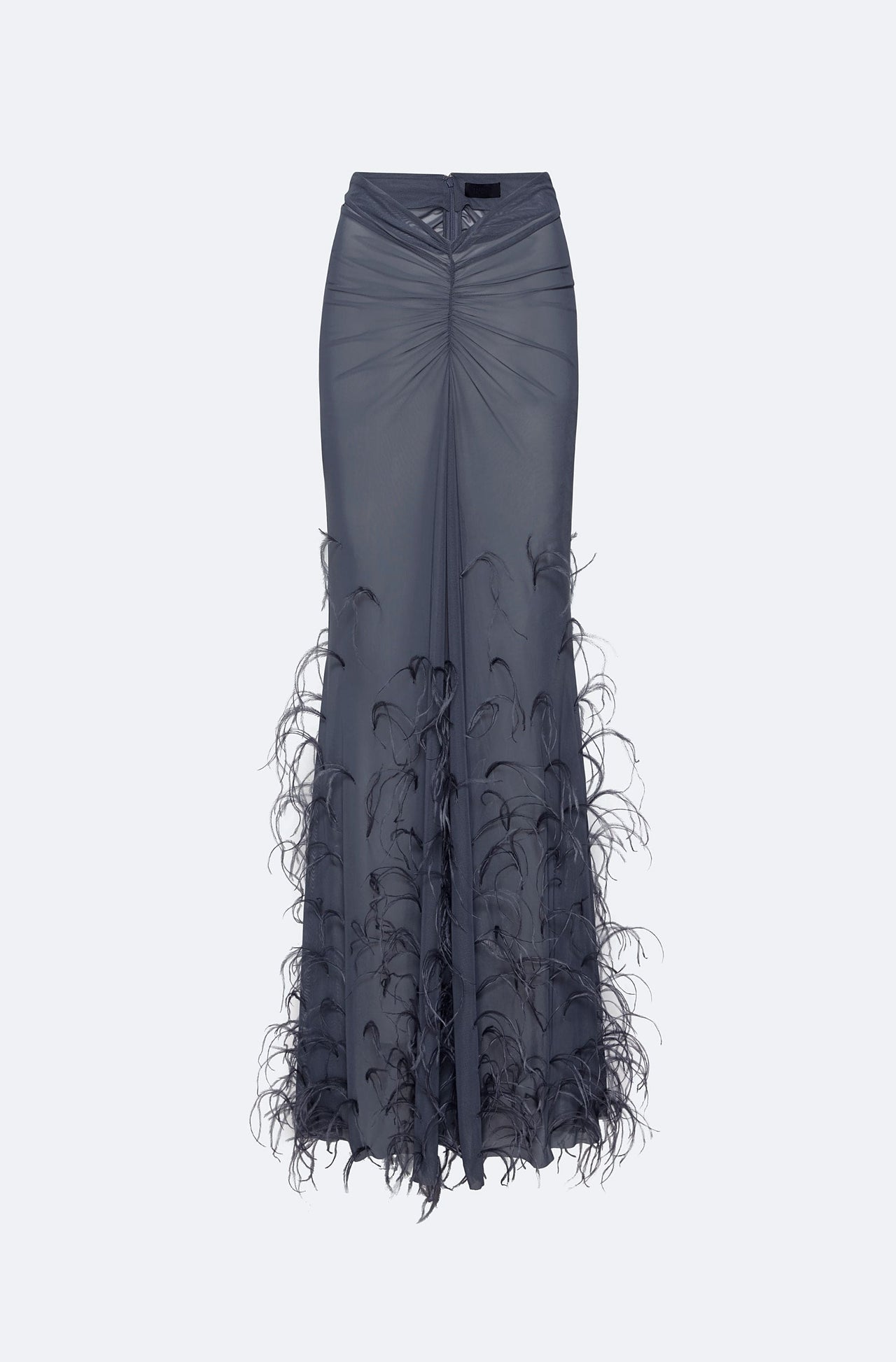 Mesh Ruched Maxi Skirt With Feathers - LAPOINTE