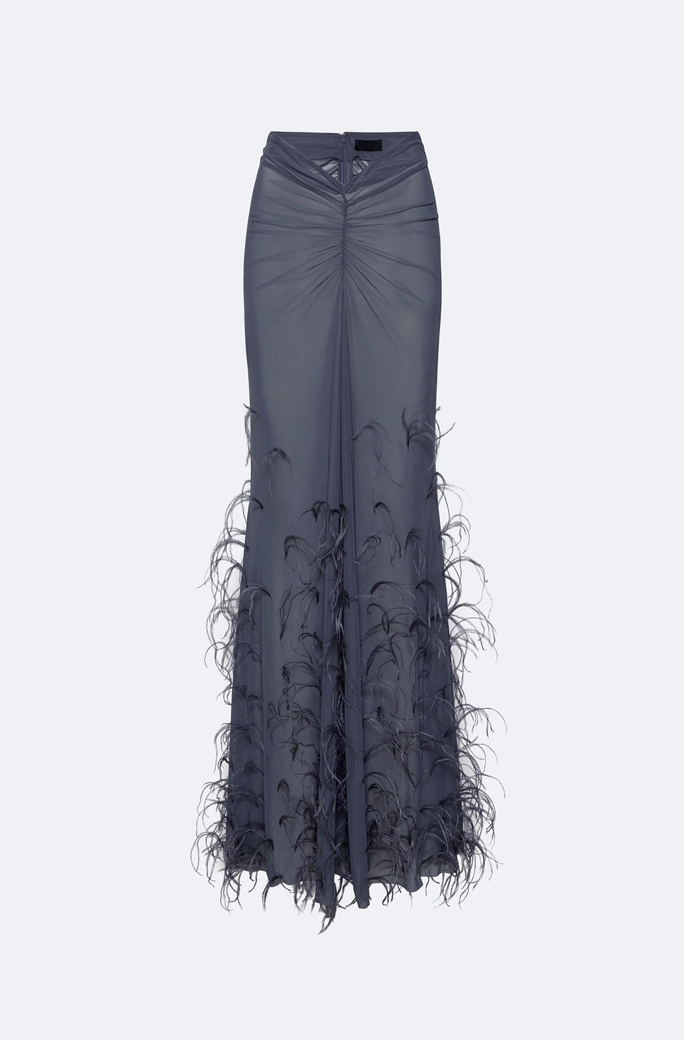 Mesh Ruched Maxi Skirt With Feathers - LAPOINTE