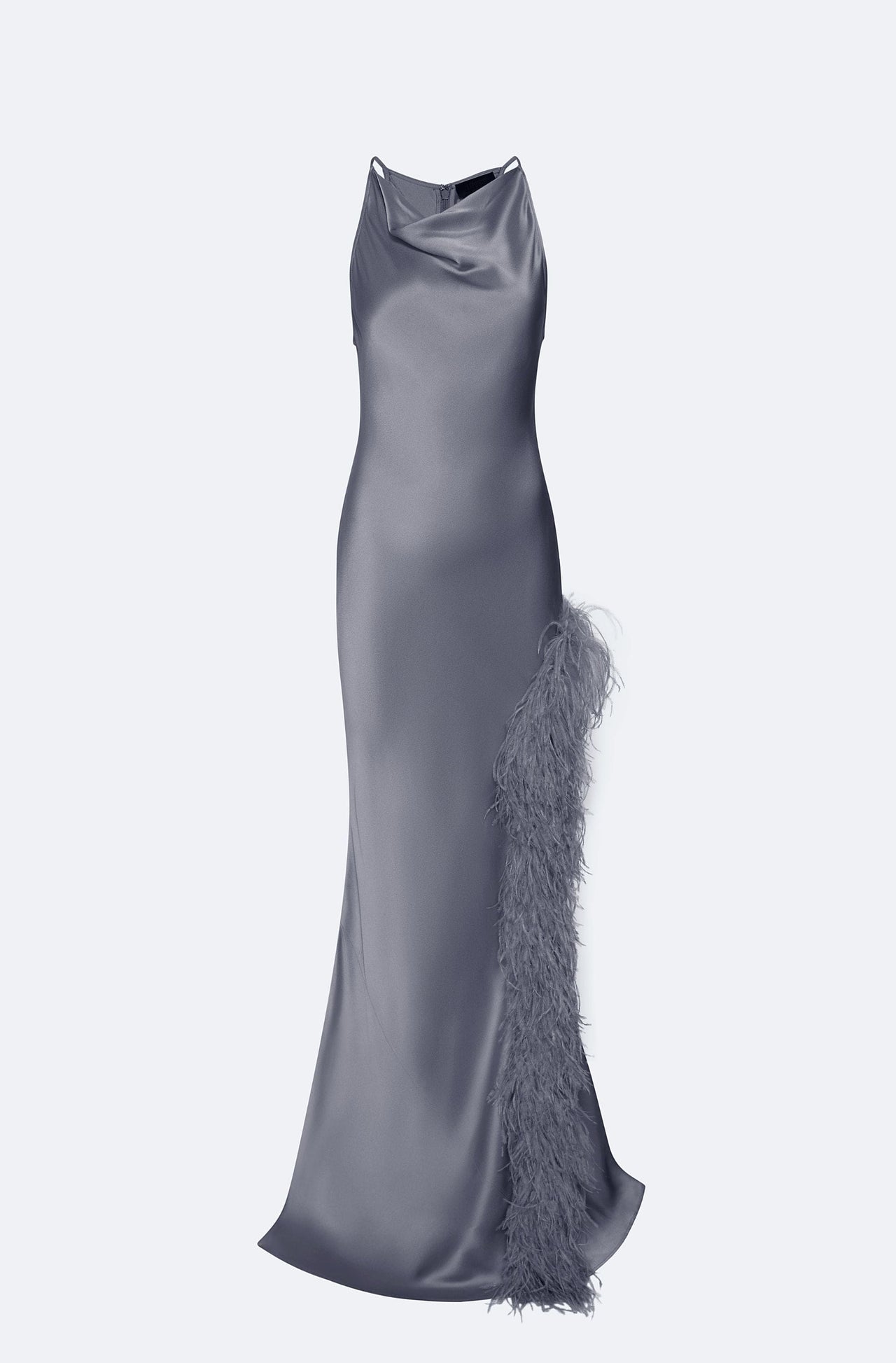 Satin Halter Gown With Feathers - LAPOINTE