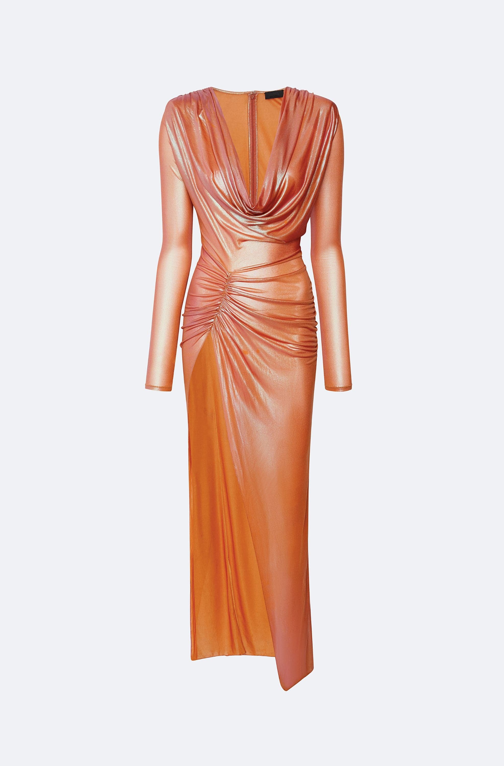 Iridescent Coated Jersey Cowl Neck Slit Gown - LAPOINTE