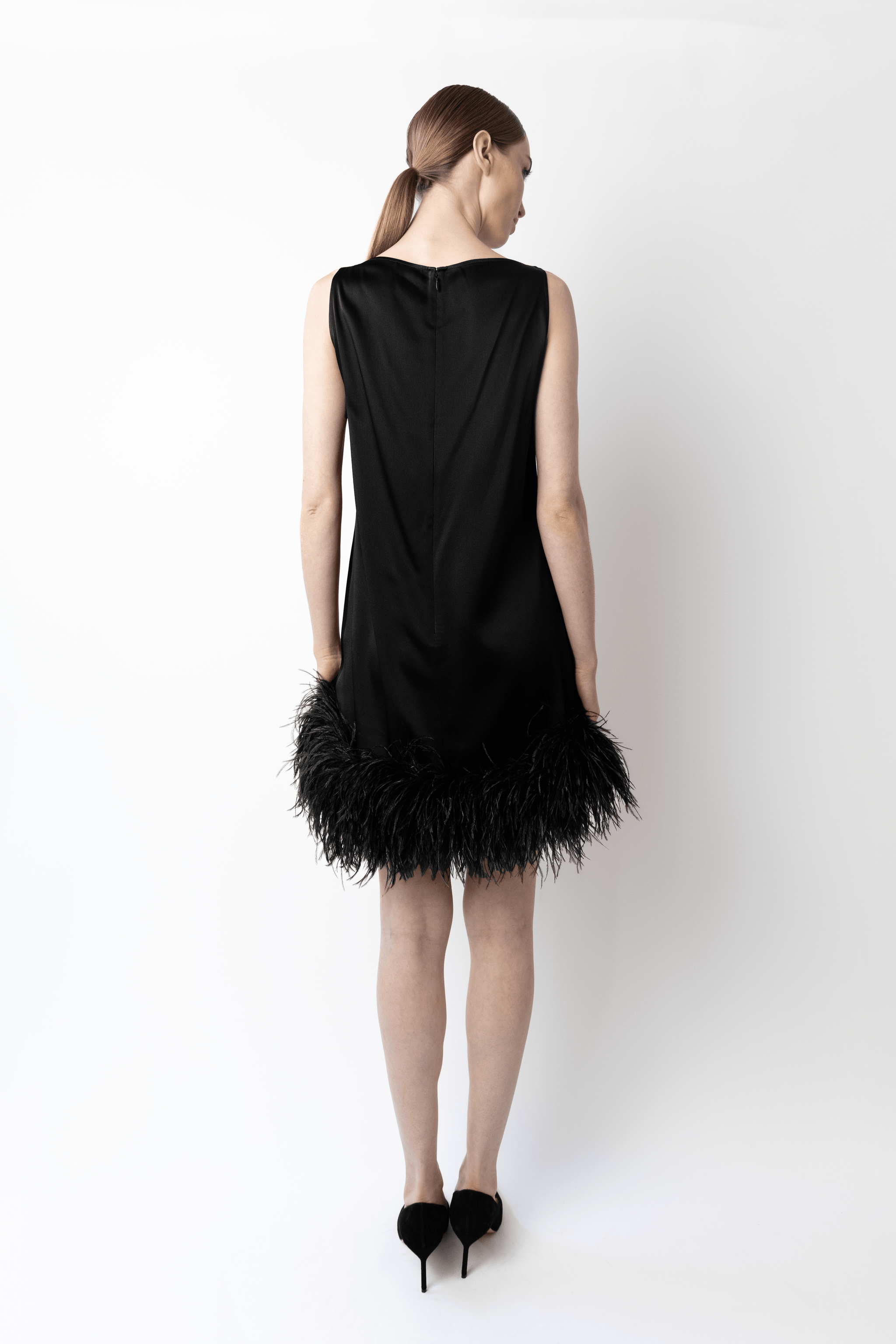 Satin Sleeveless Mini Dress With Feathers - LAPOINTE