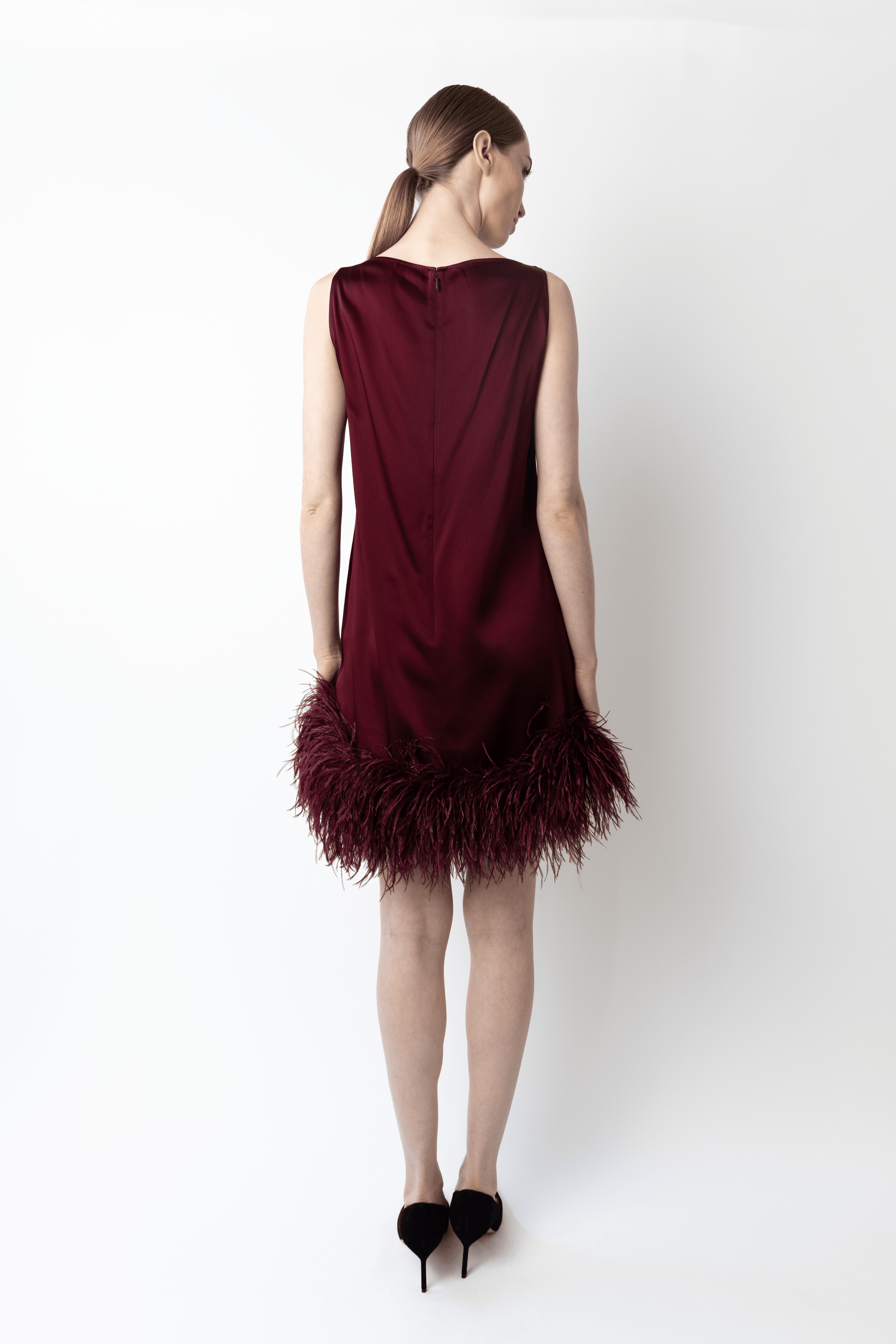 Satin Sleeveless Mini Dress With Feathers - LAPOINTE