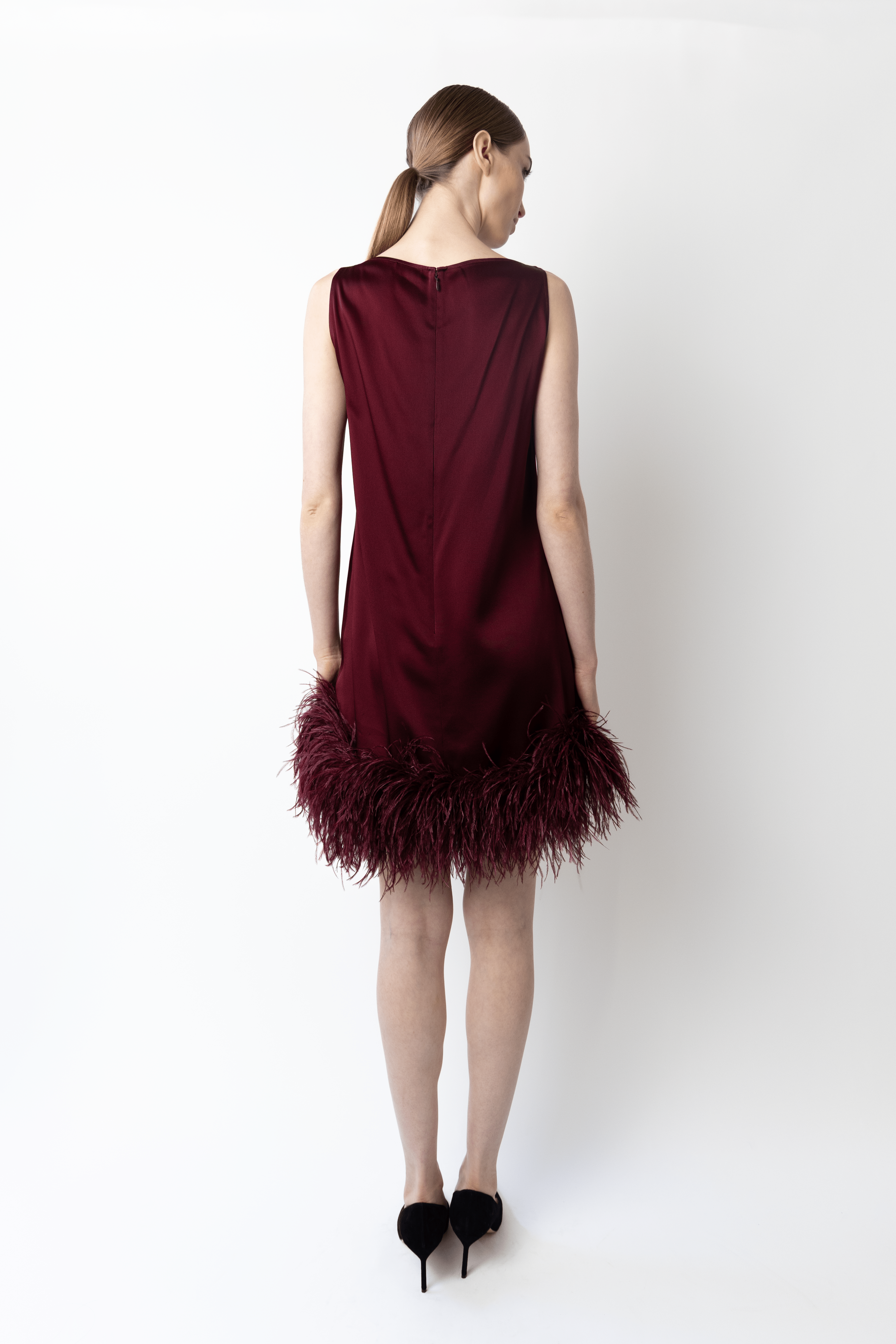 Satin Sleeveless Mini Dress With Feathers - LAPOINTE