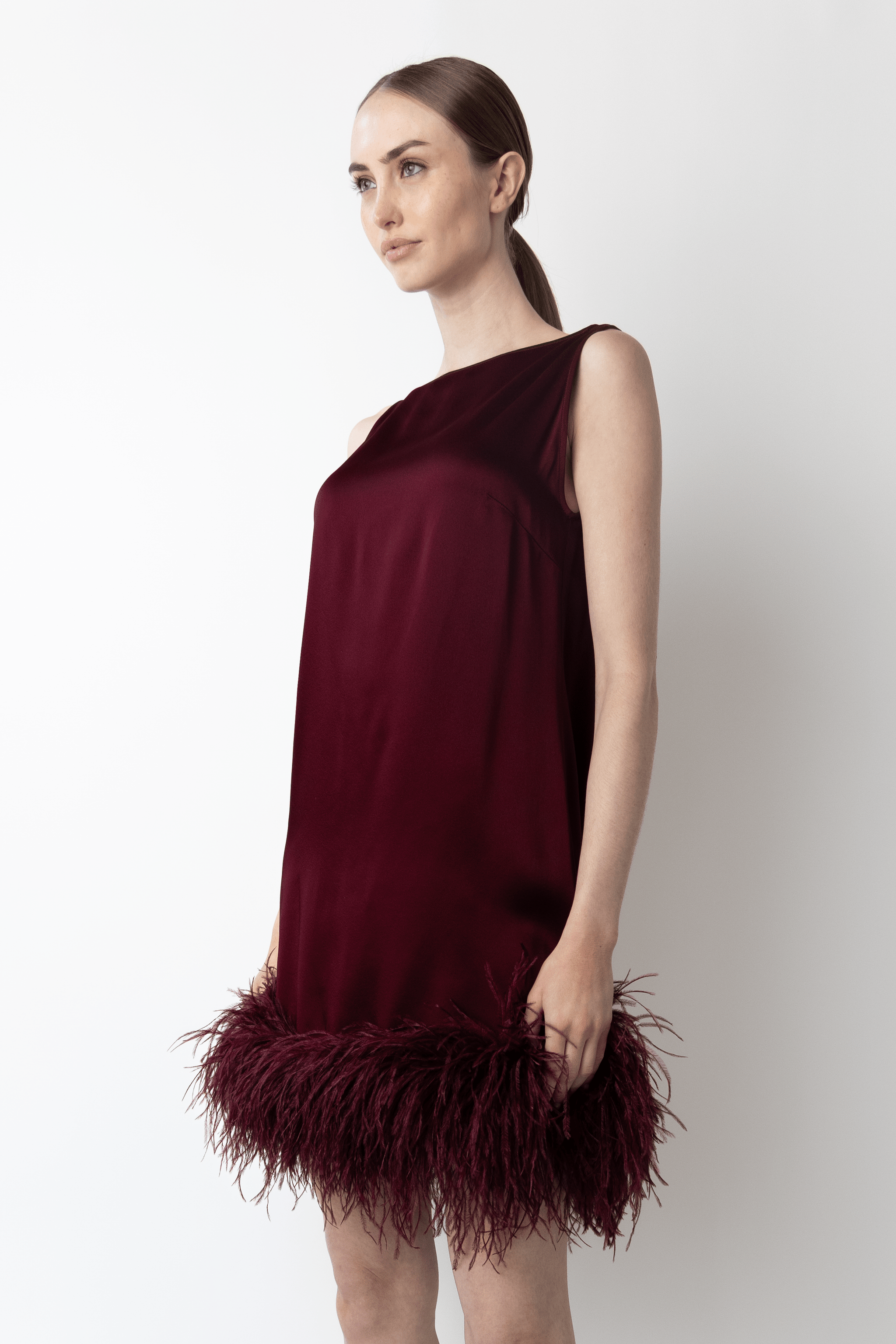 Satin Sleeveless Mini Dress With Feathers - LAPOINTE