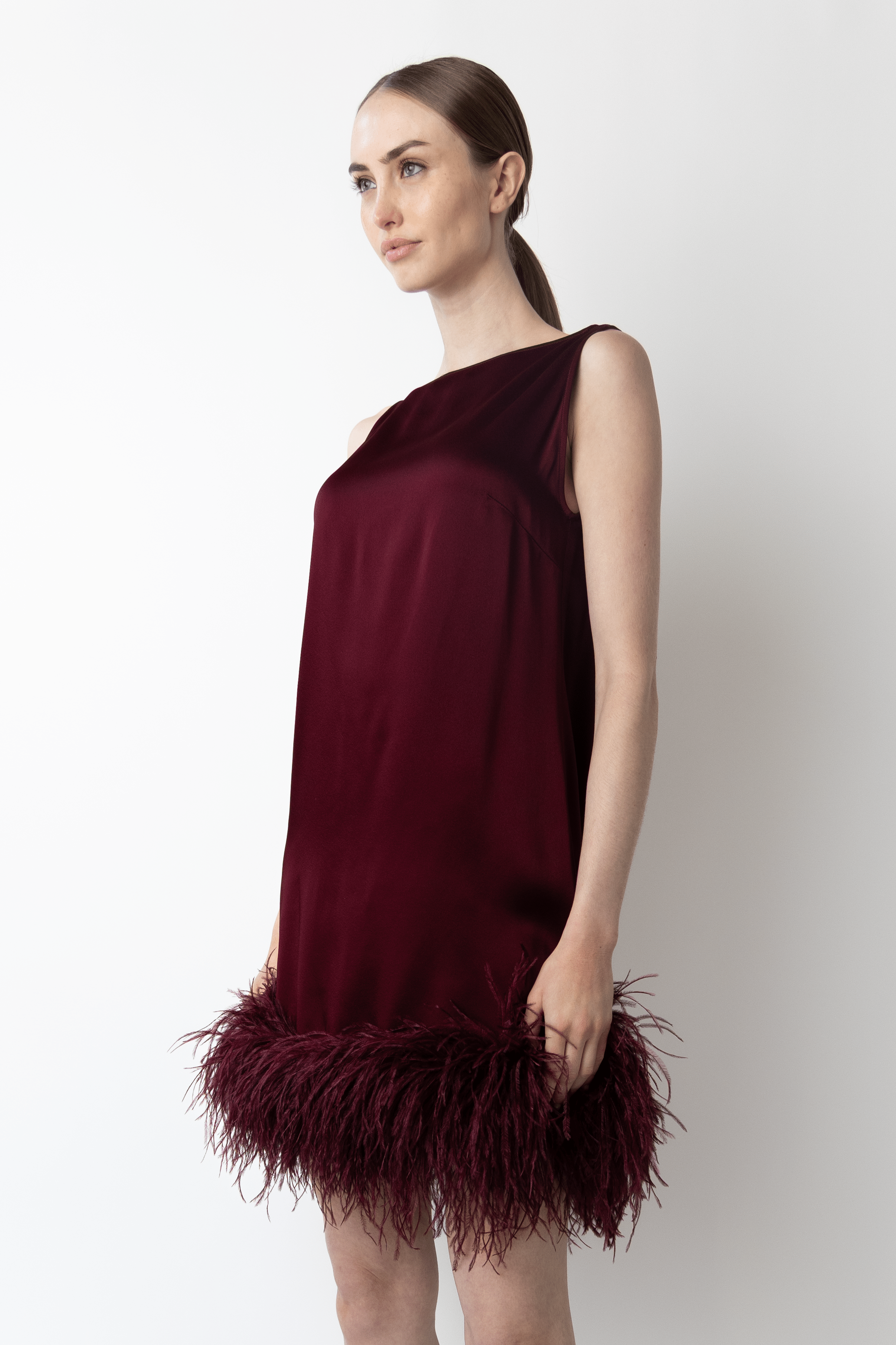 Satin Sleeveless Mini Dress With Feathers - LAPOINTE