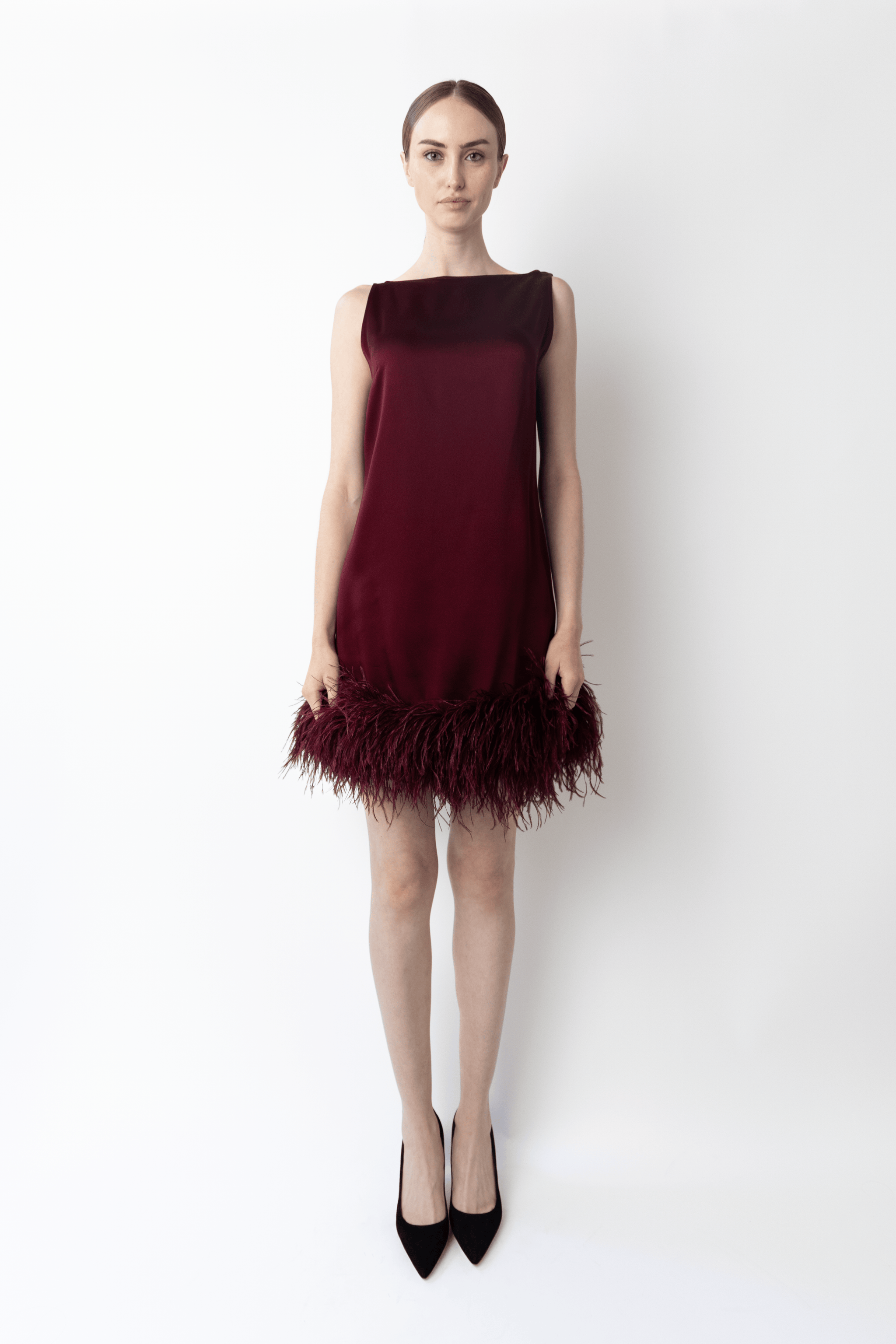 Satin Sleeveless Mini Dress With Feathers - LAPOINTE