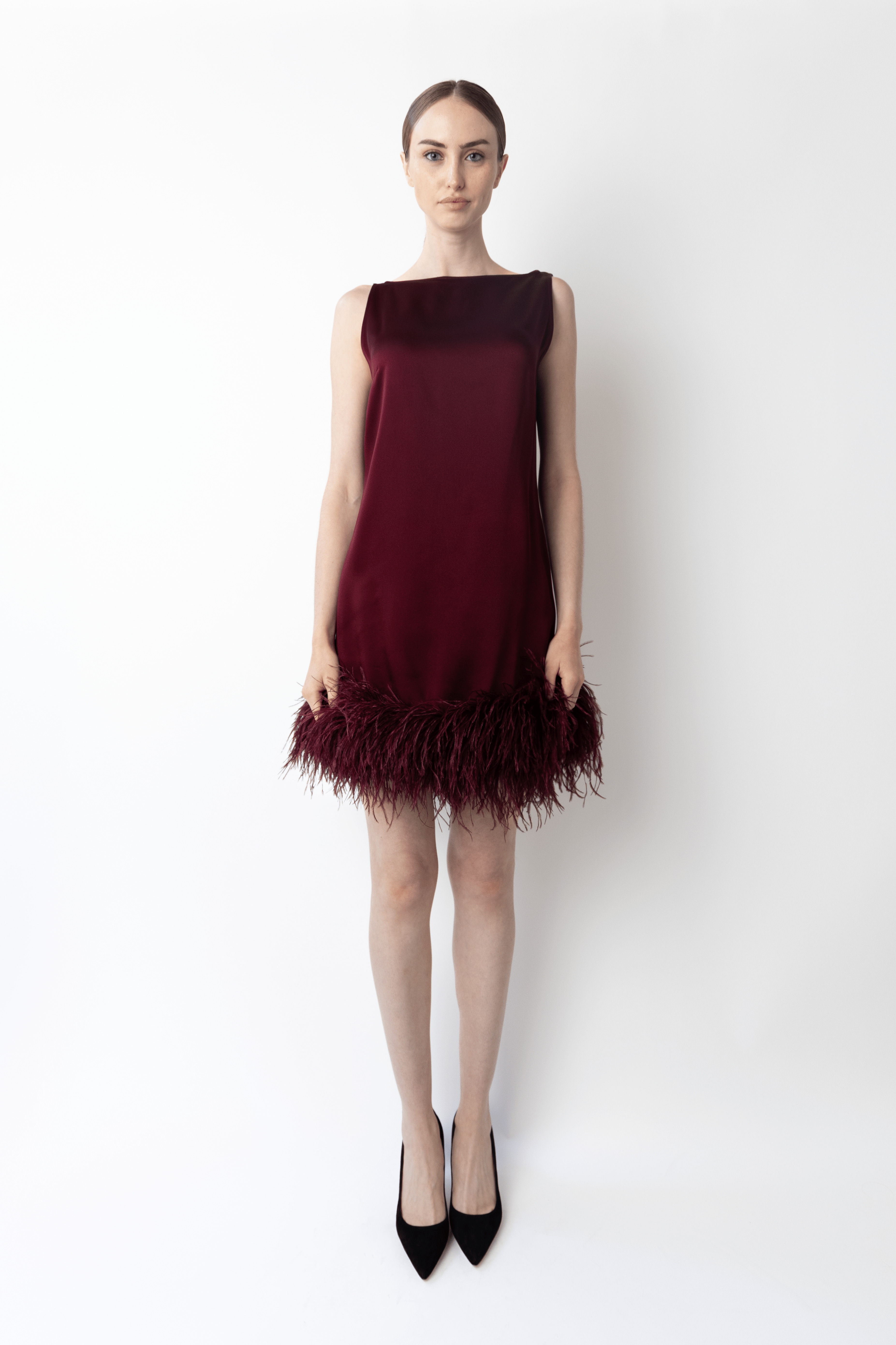 Satin Sleeveless Mini Dress With Feathers - LAPOINTE