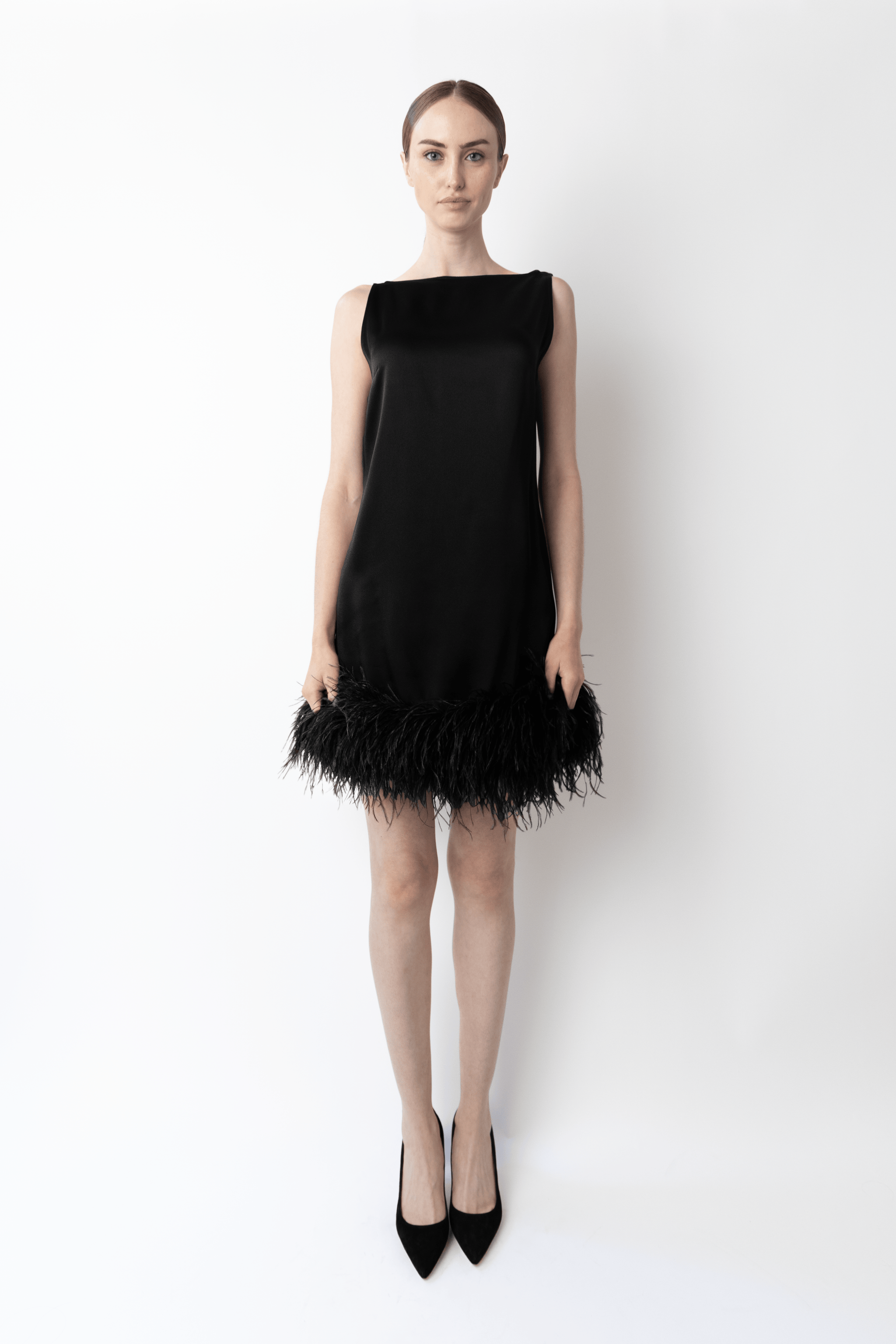 Satin Sleeveless Mini Dress With Feathers - LAPOINTE