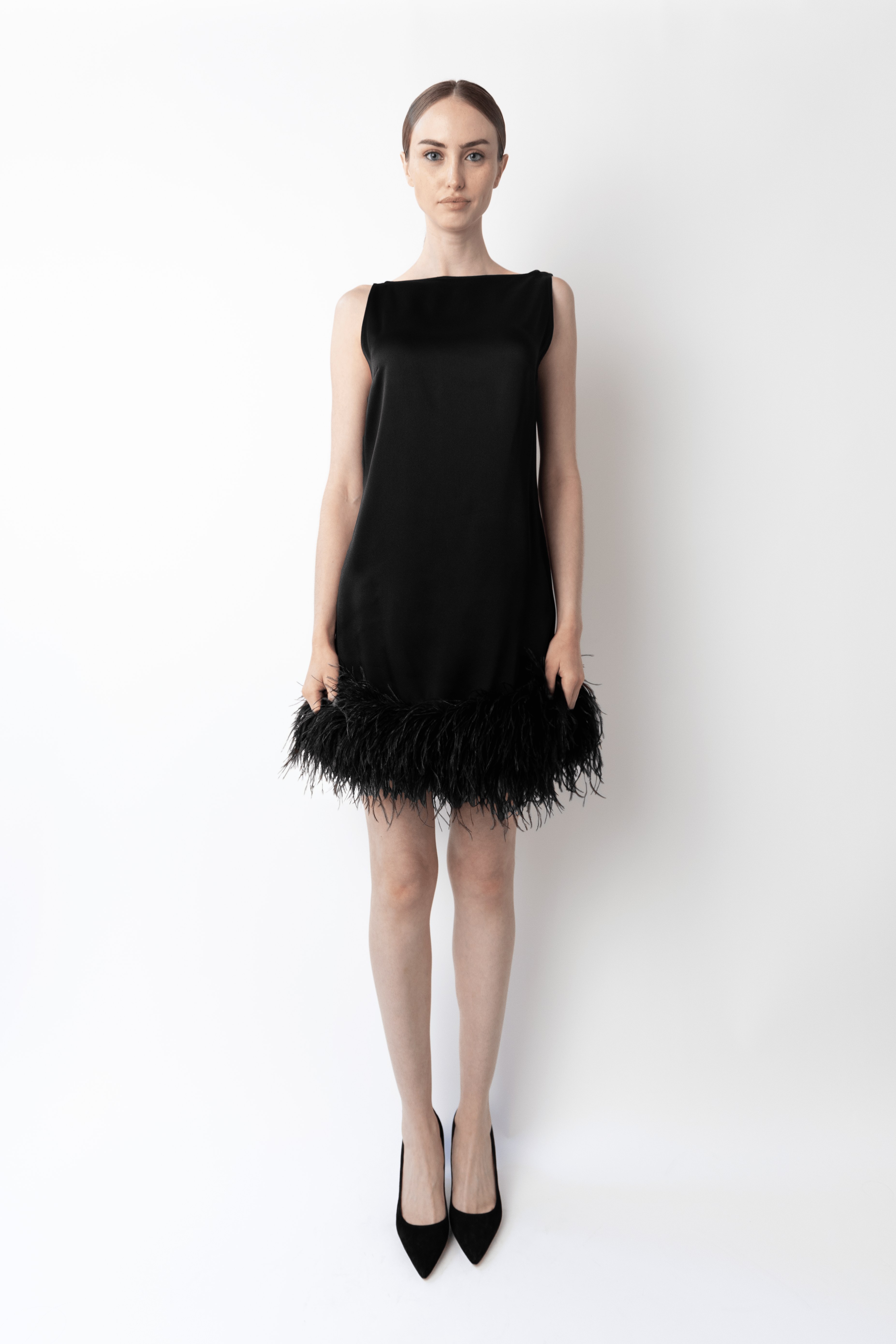 Satin Sleeveless Mini Dress With Feathers - LAPOINTE